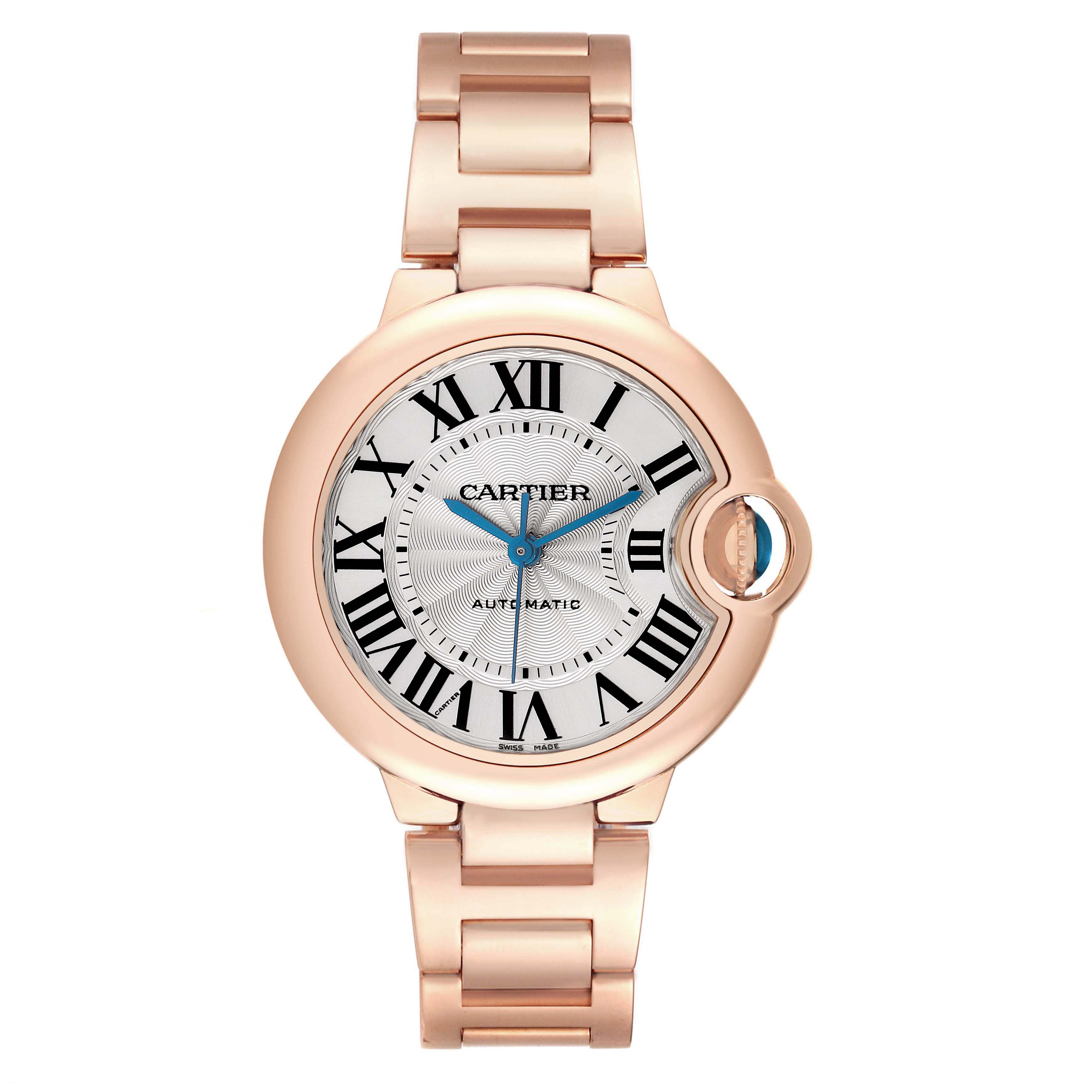 The Cartier Ballon Bleu W6920096 Women's Rose Gold Red Dial W6920096 Women's Rose Gold Red Dial watch is shown from a front angle, displaying the case, dial, and bracelet.
