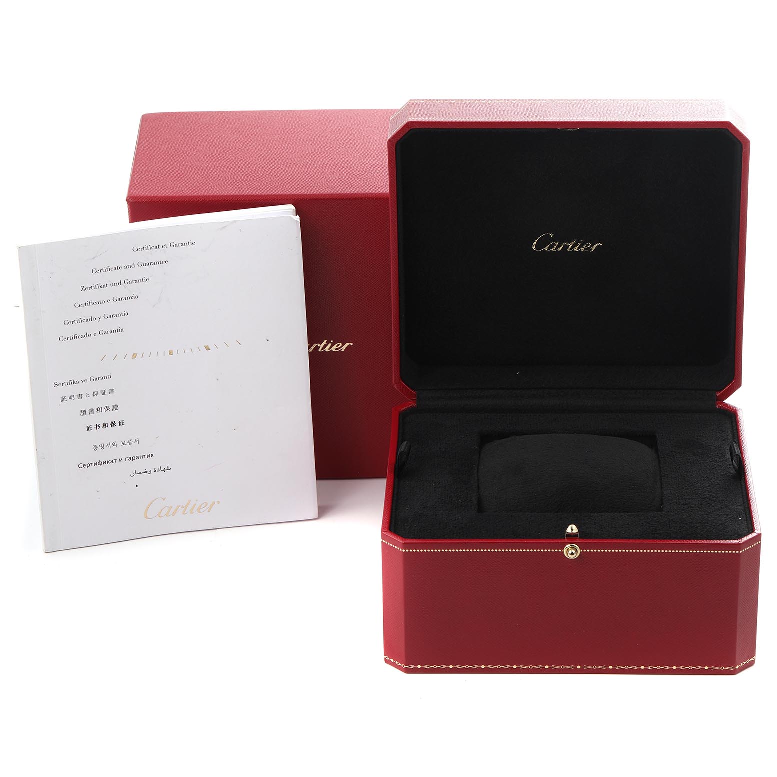 The image shows the Cartier Ballon Bleu W6920096 Women's Rose Gold Red Dial W6920096 Women's Rose Gold Red Dial packaging, featuring an open red box and a certificate or manual.