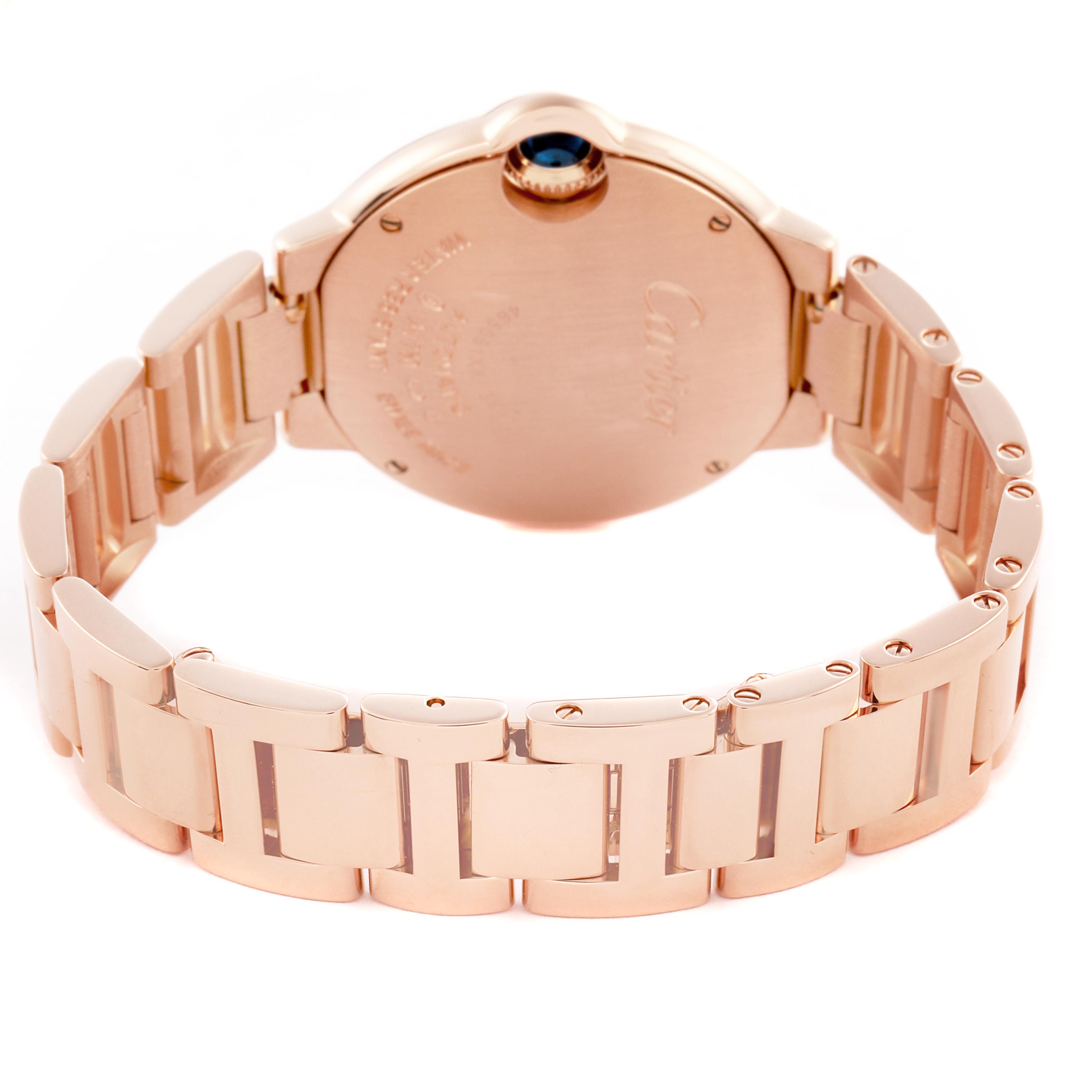 The image shows the back and side of a Cartier Ballon Bleu W6920096 Women's Rose Gold Red Dial W6920096 Women's Rose Gold Red Dial watch, including the bracelet and crown.