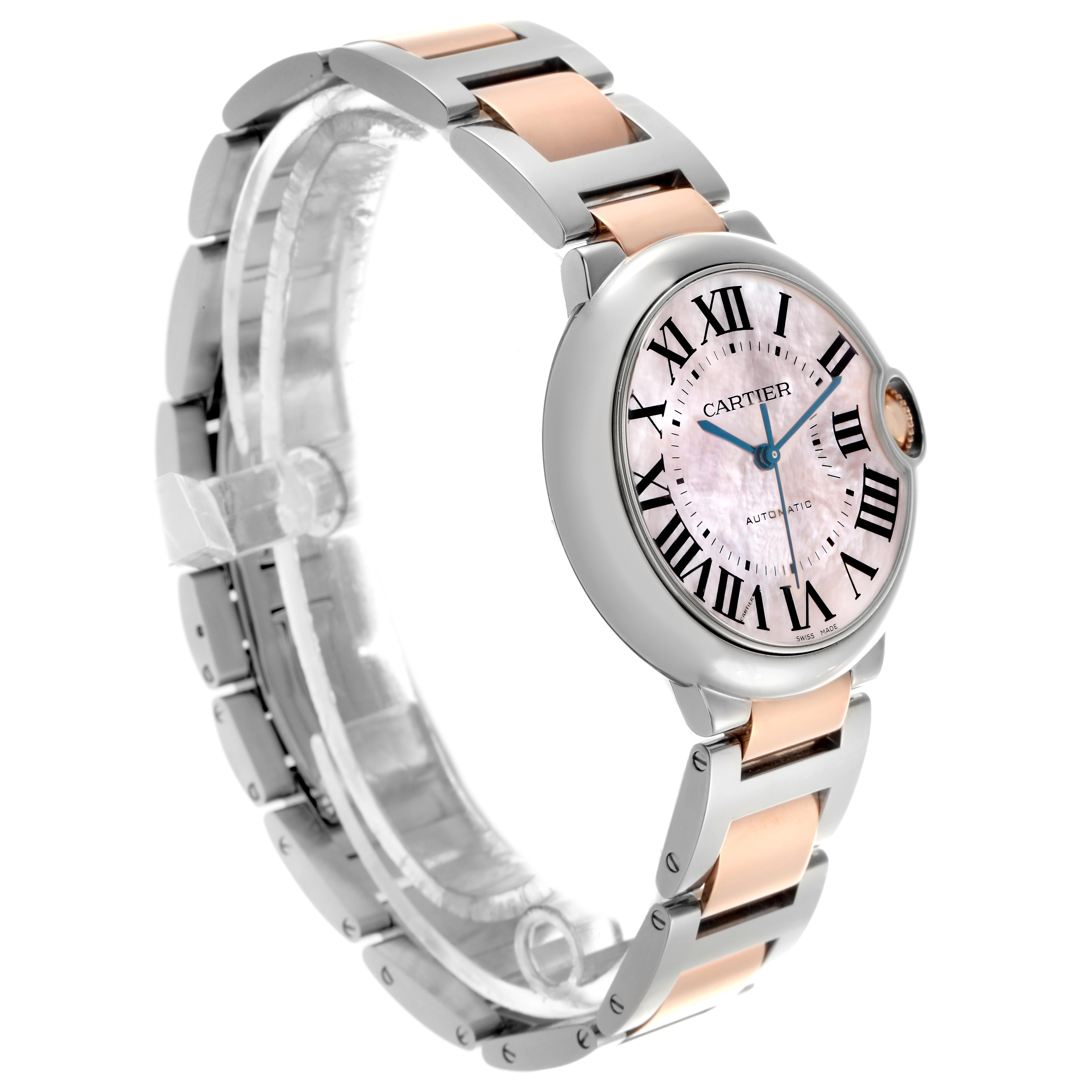 The Cartier Ballon Bleu W6920033 Women's Steel and Gold (two tone) Mother of Pearl Dial W6920033 Women's Steel and Gold (two tone) Mother of Pearl Dial watch is shown at a slight angle, highlighting the face, crown, and two-tone bracelet.