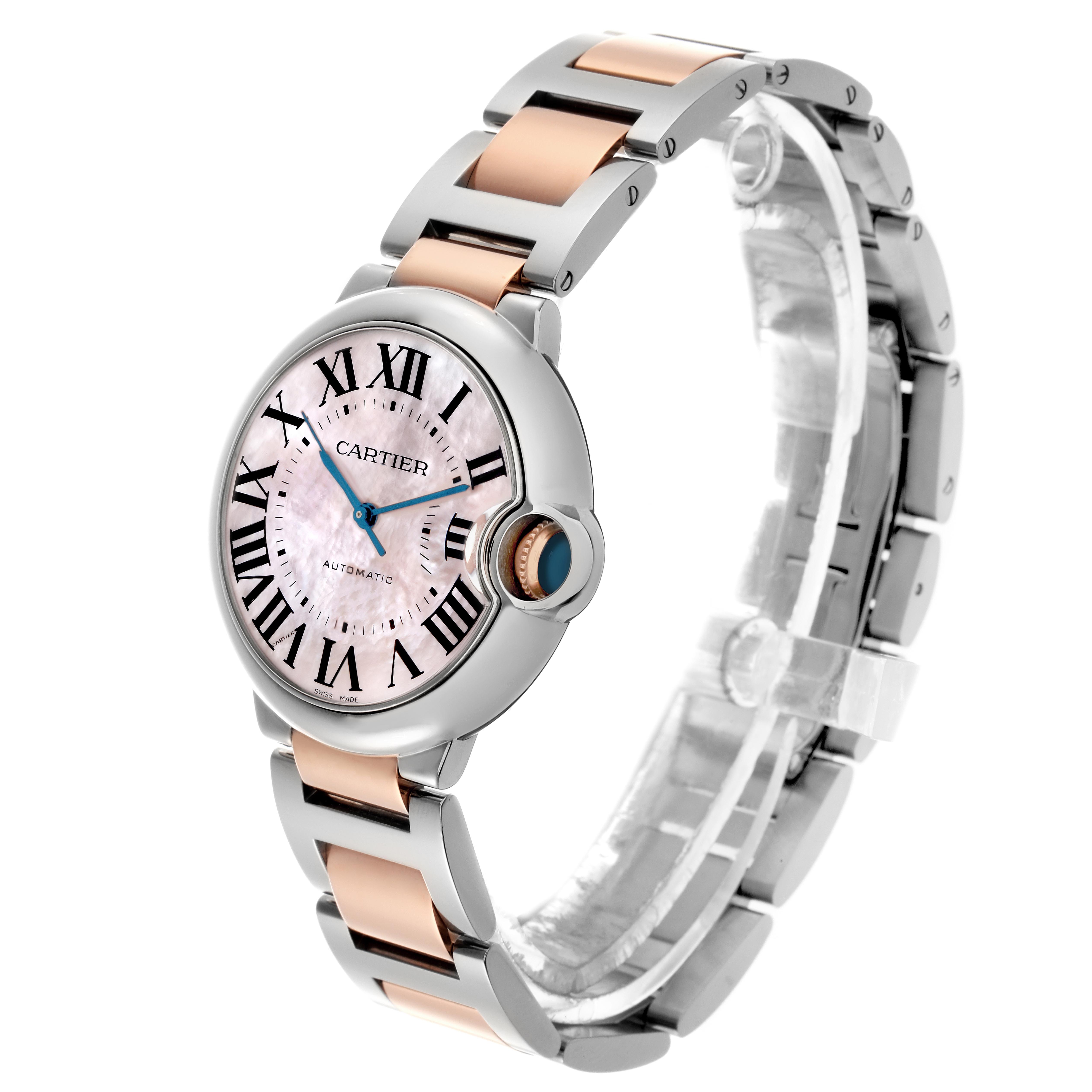 The Ballon Bleu by Cartier is shown at an oblique angle, highlighting its face, crown, and two-tone bracelet.