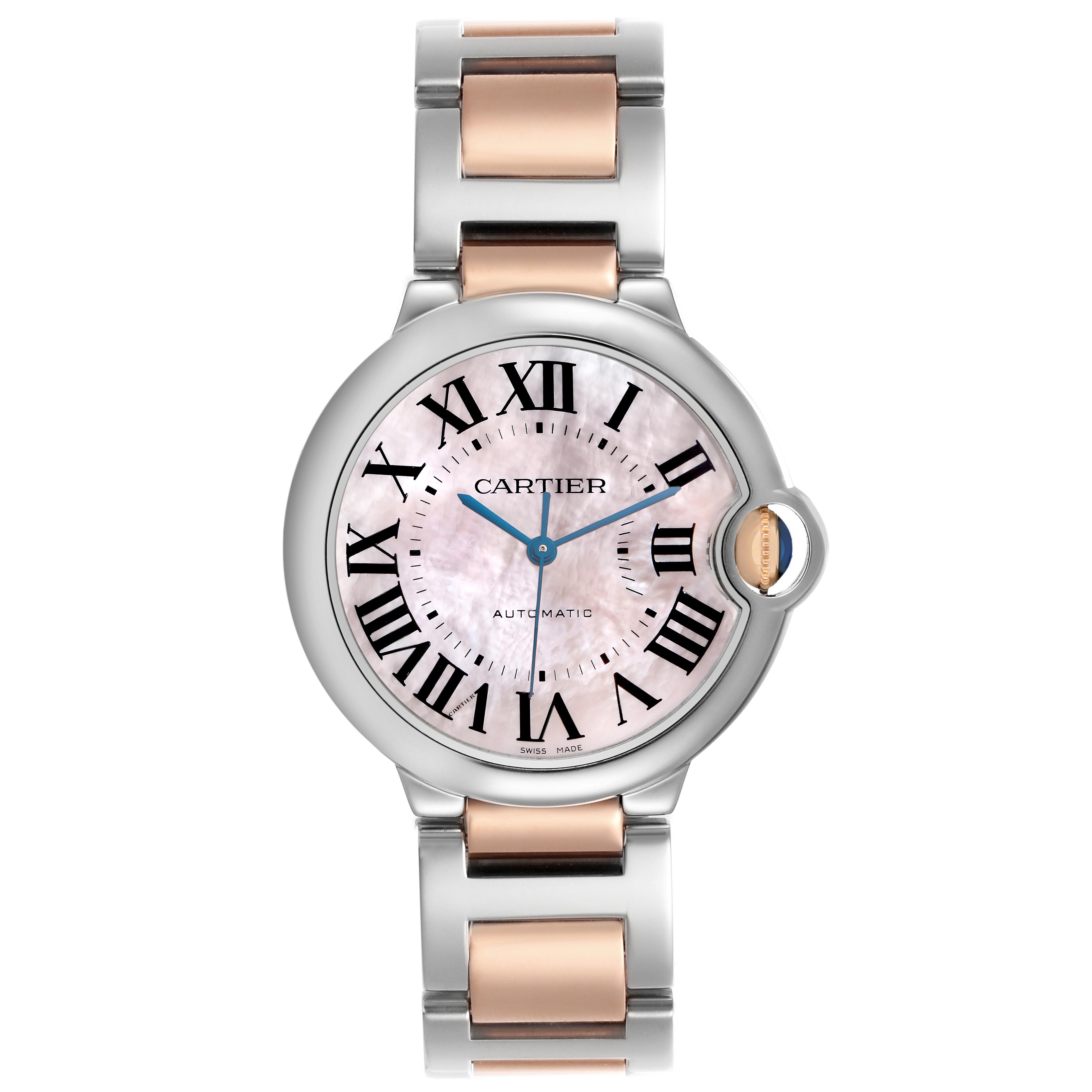 The Cartier Ballon Bleu W6920033 Women's Steel and Gold (two tone) Mother of Pearl Dial W6920033 Women's Steel and Gold (two tone) Mother of Pearl Dial watch is shown from a front angle, highlighting its face, Roman numerals, and two-tone bracelet.