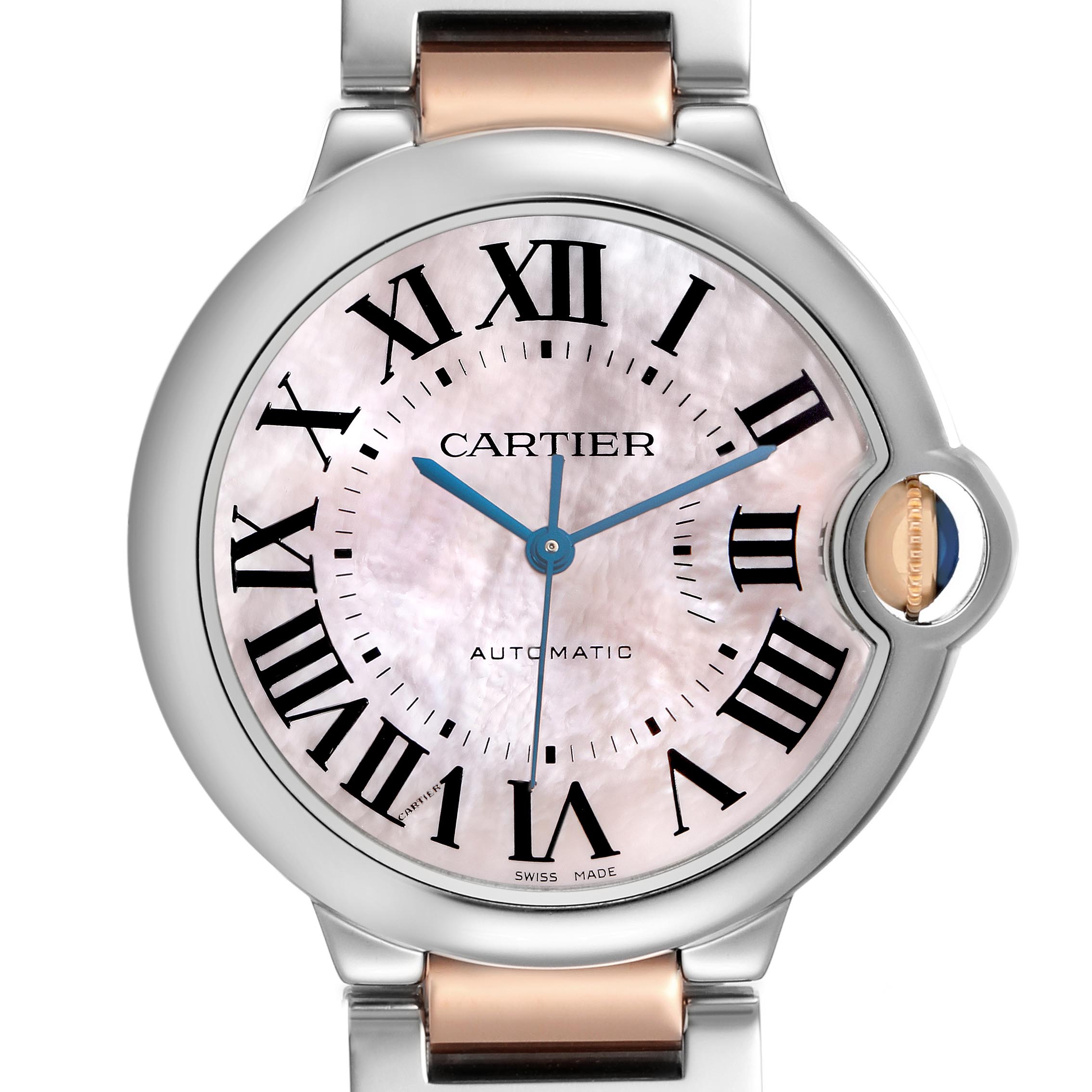 The Cartier Ballon Bleu W6920033 Women's Steel and Gold (two tone) Mother of Pearl Dial W6920033 Women's Steel and Gold (two tone) Mother of Pearl Dial watch is shown in a front view highlighting the dial, Roman numerals, and crown.