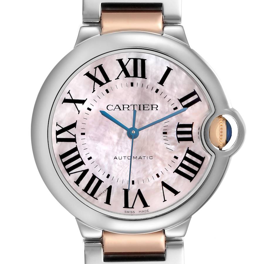 The Cartier Ballon Bleu watch is shown in a front view highlighting the dial, Roman numerals, and crown.