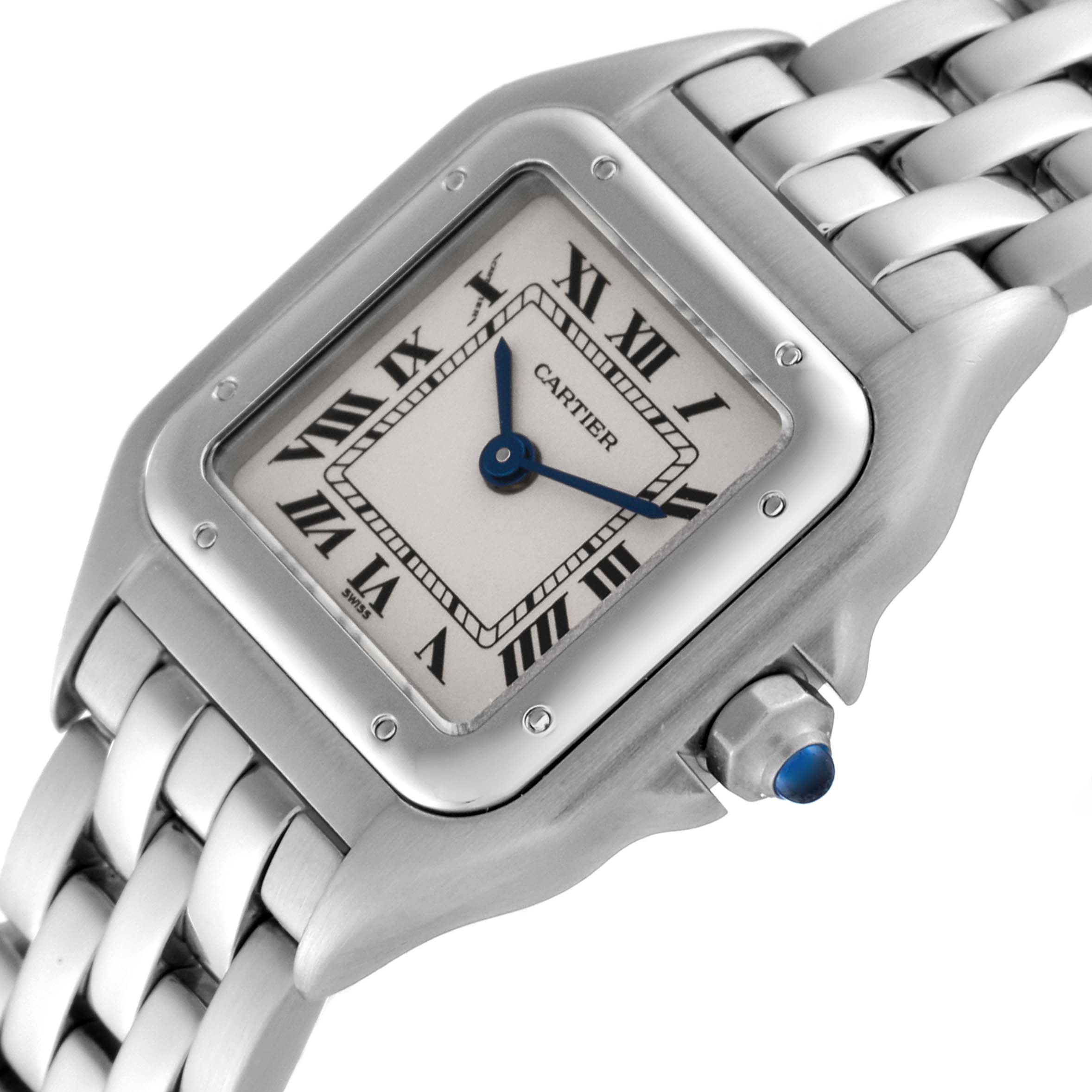 The image shows the Panthere model by Cartier from an angled top view, highlighting the watch face and part of the metal bracelet.