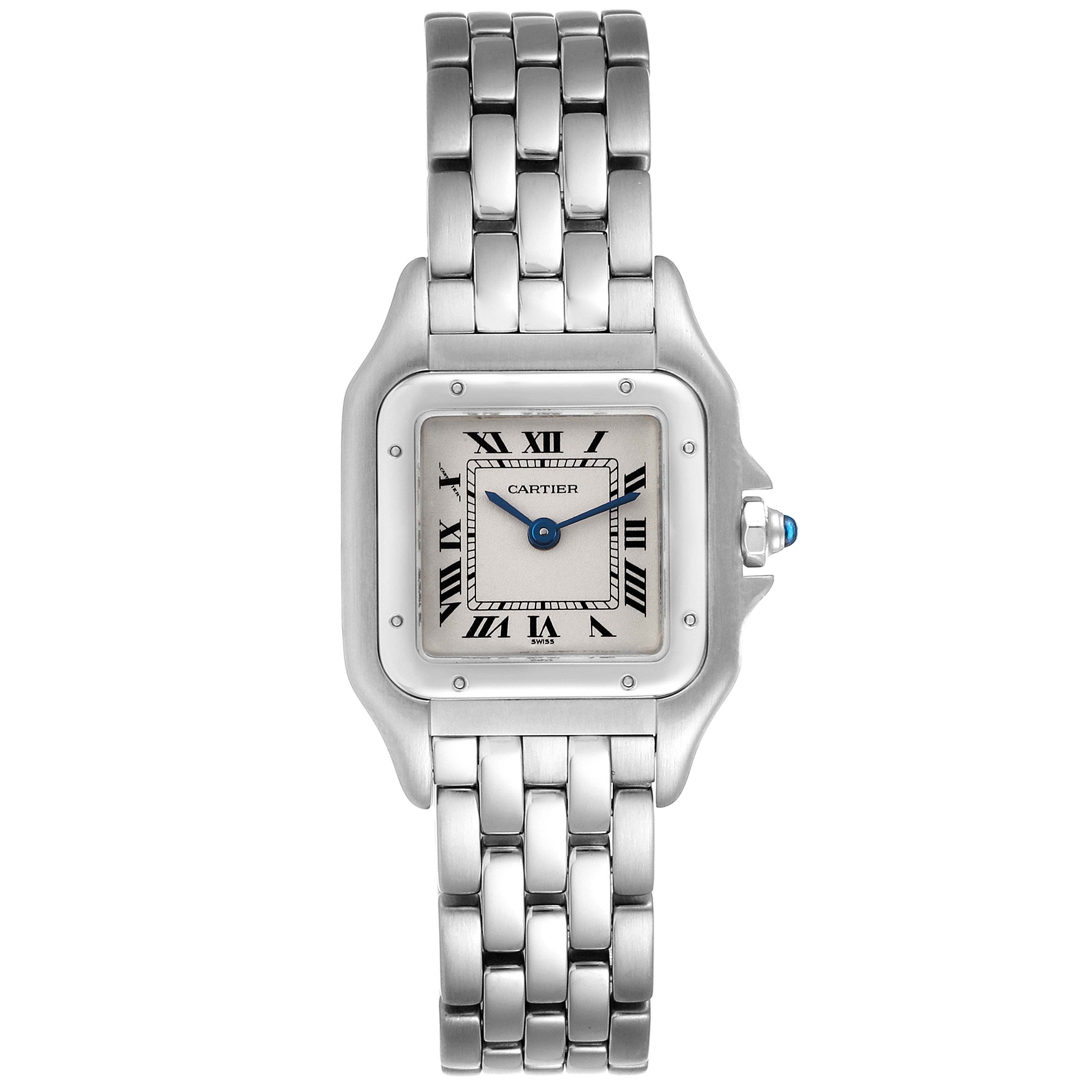 The image shows a front view of the Cartier Panthere W25033P5 Women's Stainless Steel Silver Dial W25033P5 Women's Stainless Steel Silver Dial watch with its face, bracelet, and crown visible.