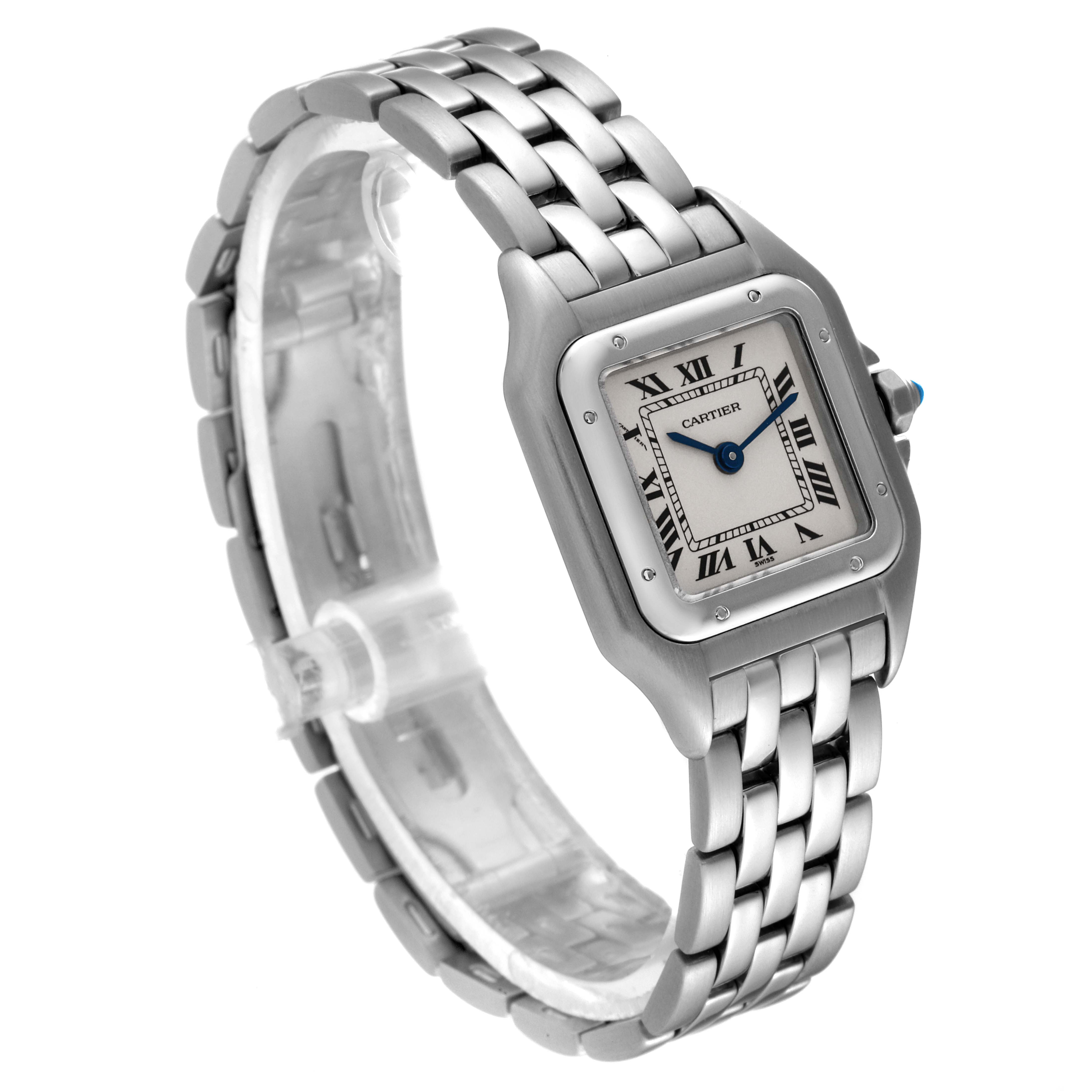 This image shows a Cartier Panthere W25033P5 Women's Stainless Steel Silver Dial W25033P5 Women's Stainless Steel Silver Dial model watch, viewed at an angle highlighting the face and bracelet.