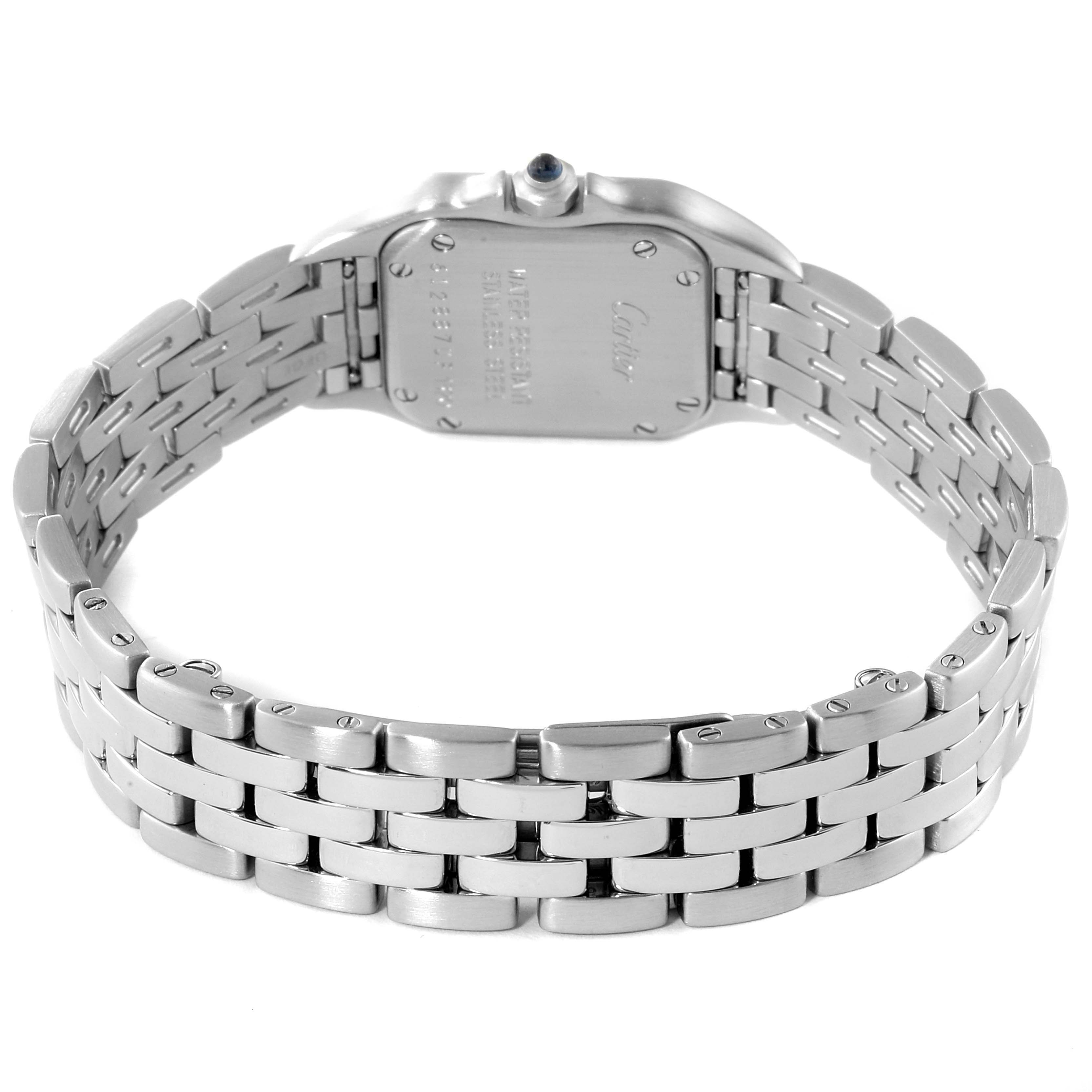 The image shows the back view of a Cartier Panthere W25033P5 Women's Stainless Steel Silver Dial W25033P5 Women's Stainless Steel Silver Dial watch, highlighting its metal bracelet and case back.