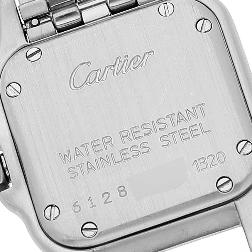 This image shows the stainless steel case back of a Cartier Panthere W25033P5 Women's Stainless Steel Silver Dial W25033P5 Women's Stainless Steel Silver Dial watch, highlighting the water-resistant feature and model information.