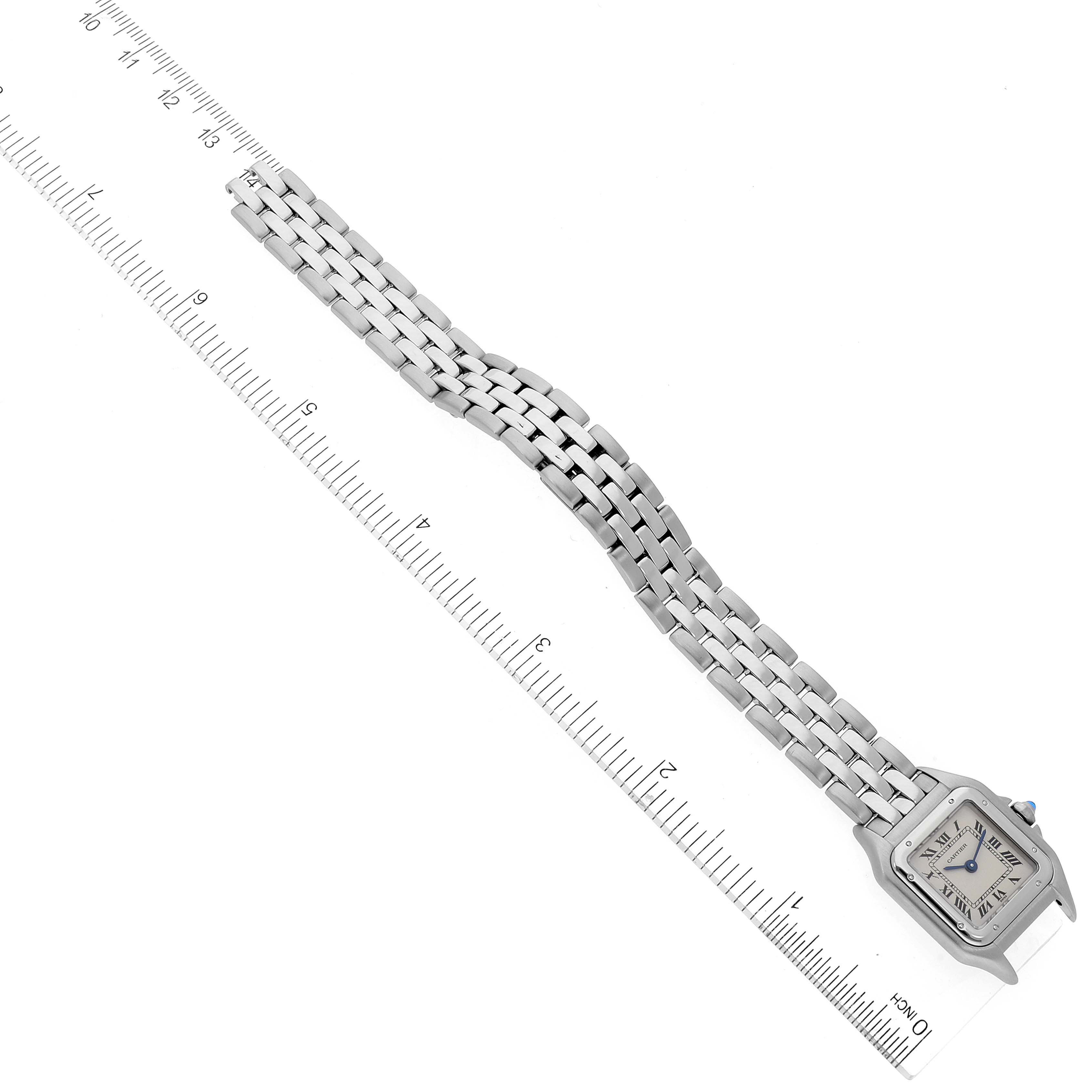 The image shows a top-angle view of a Cartier Panthere W25033P5 Women's Stainless Steel Silver Dial W25033P5 Women's Stainless Steel Silver Dial watch with its band aligned next to a ruler for measurement.