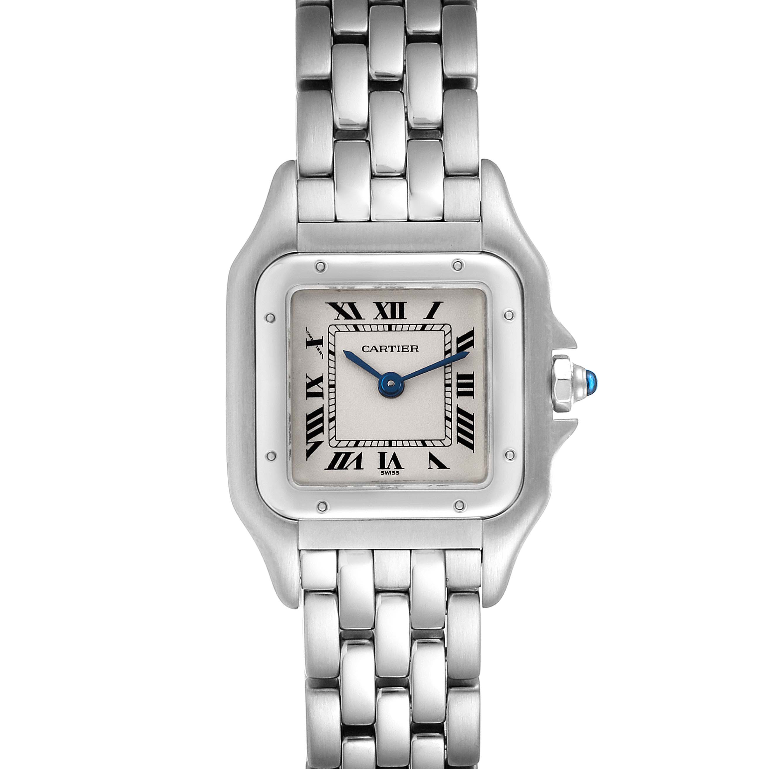 This image shows a front view of the Panthere model by Cartier, displaying its face and metal bracelet.