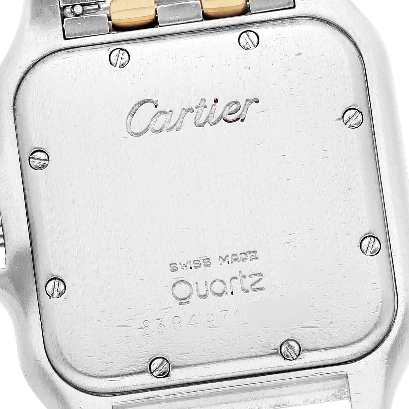 The image shows the back case, screws, and part of the bracelet of a Cartier Panthere W25028B6 Men's Steel and Gold (two tone) Silver Dial W25028B6 Men's Steel and Gold (two tone) Silver Dial watch.