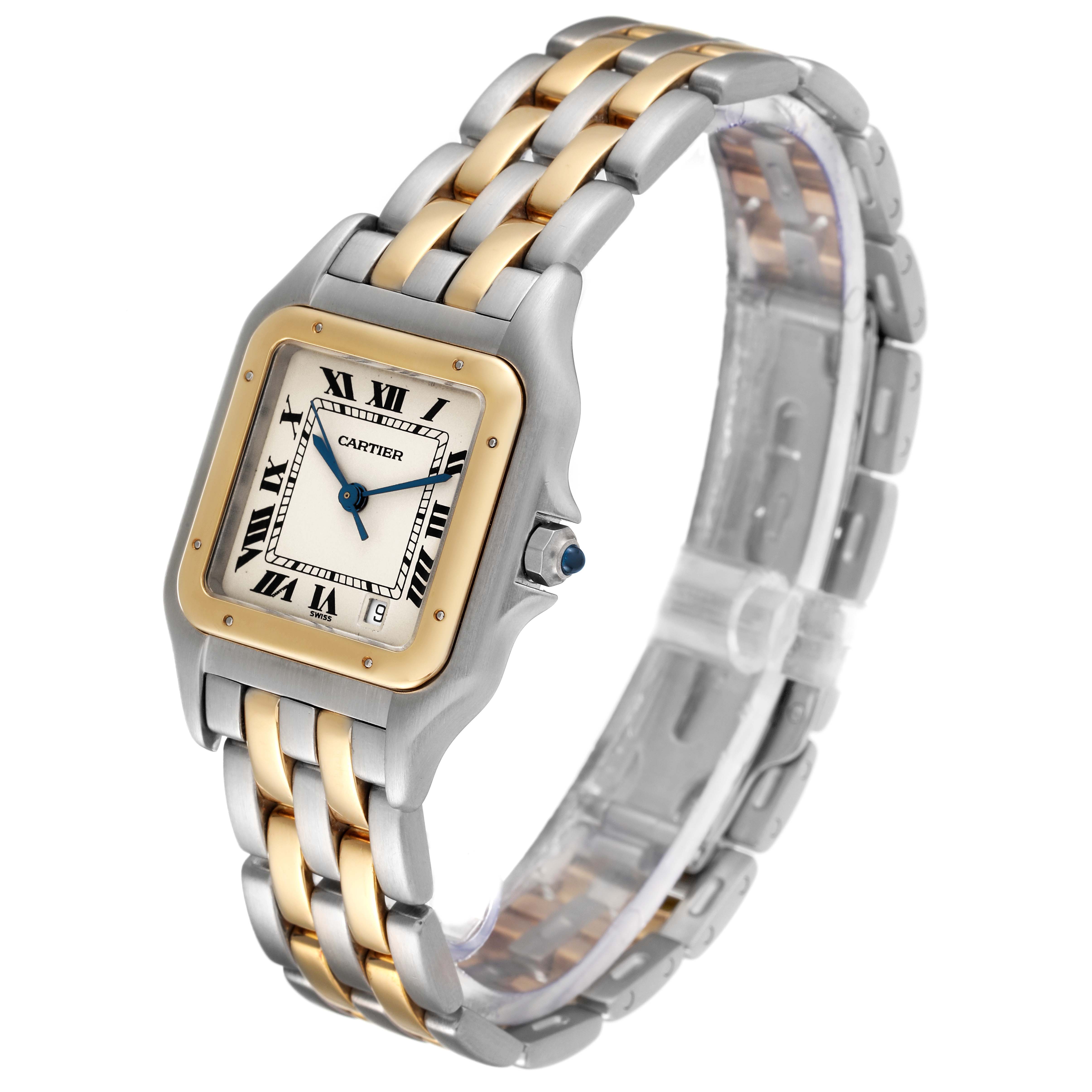 The image shows a Cartier Panthère watch at a three-quarter angle, highlighting its two-tone bracelet and square face.