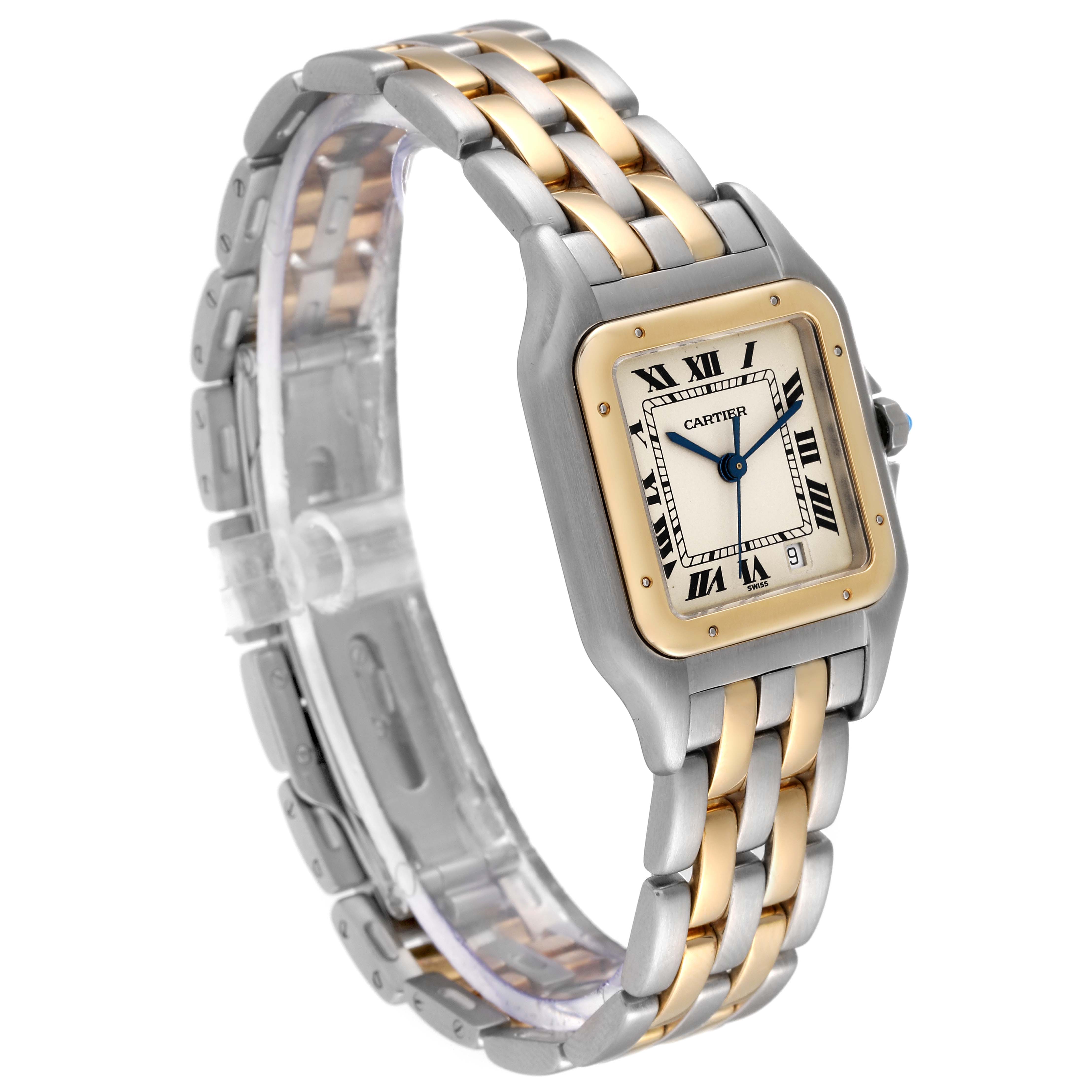 The image shows the front and side angles of a Cartier Panthere W25028B6 Men's Steel and Gold (two tone) Silver Dial W25028B6 Men's Steel and Gold (two tone) Silver Dial watch, highlighting its two-tone bracelet and square-shaped dial.