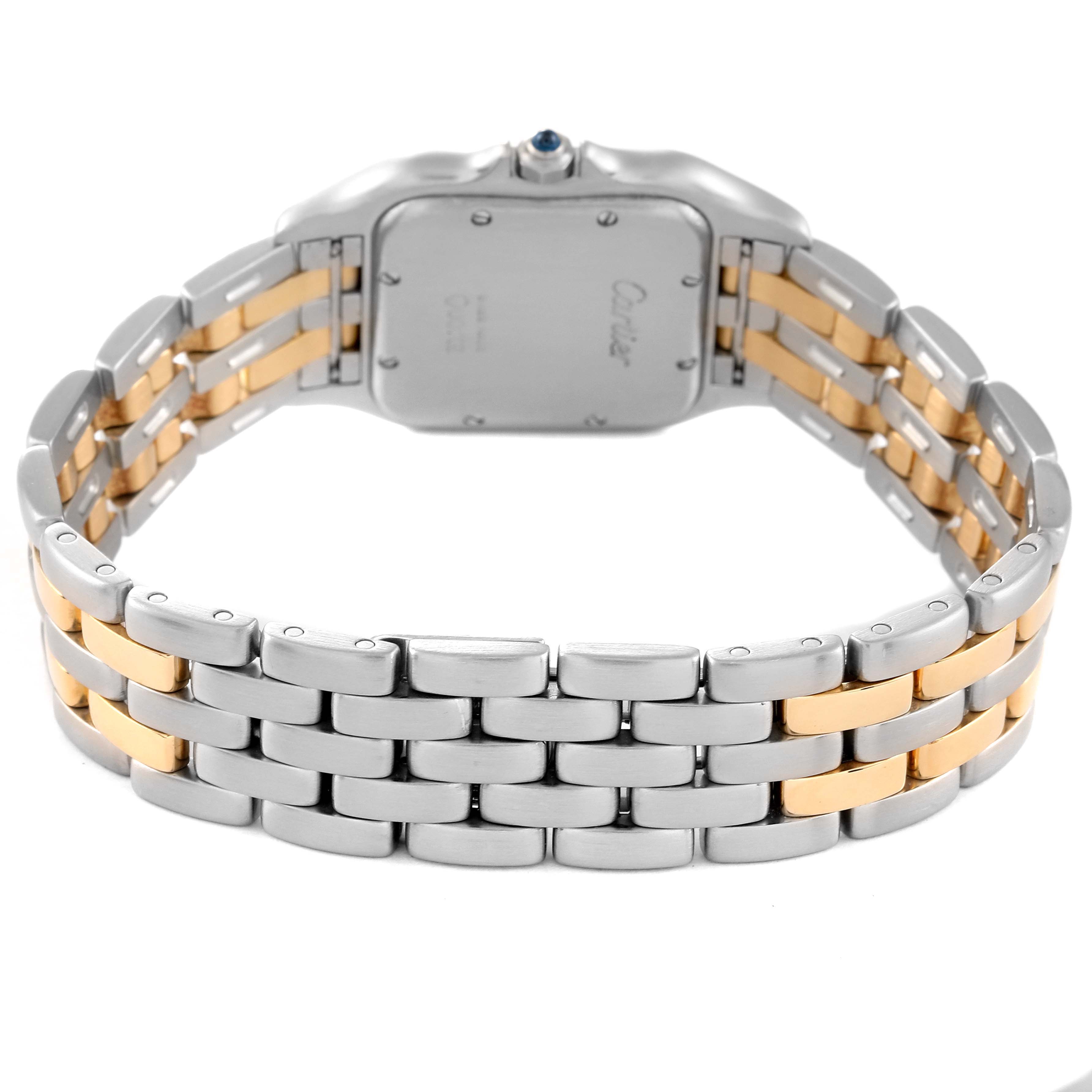 This image shows the back view of a Cartier Panthère model watch, highlighting its two-tone bracelet and case back.