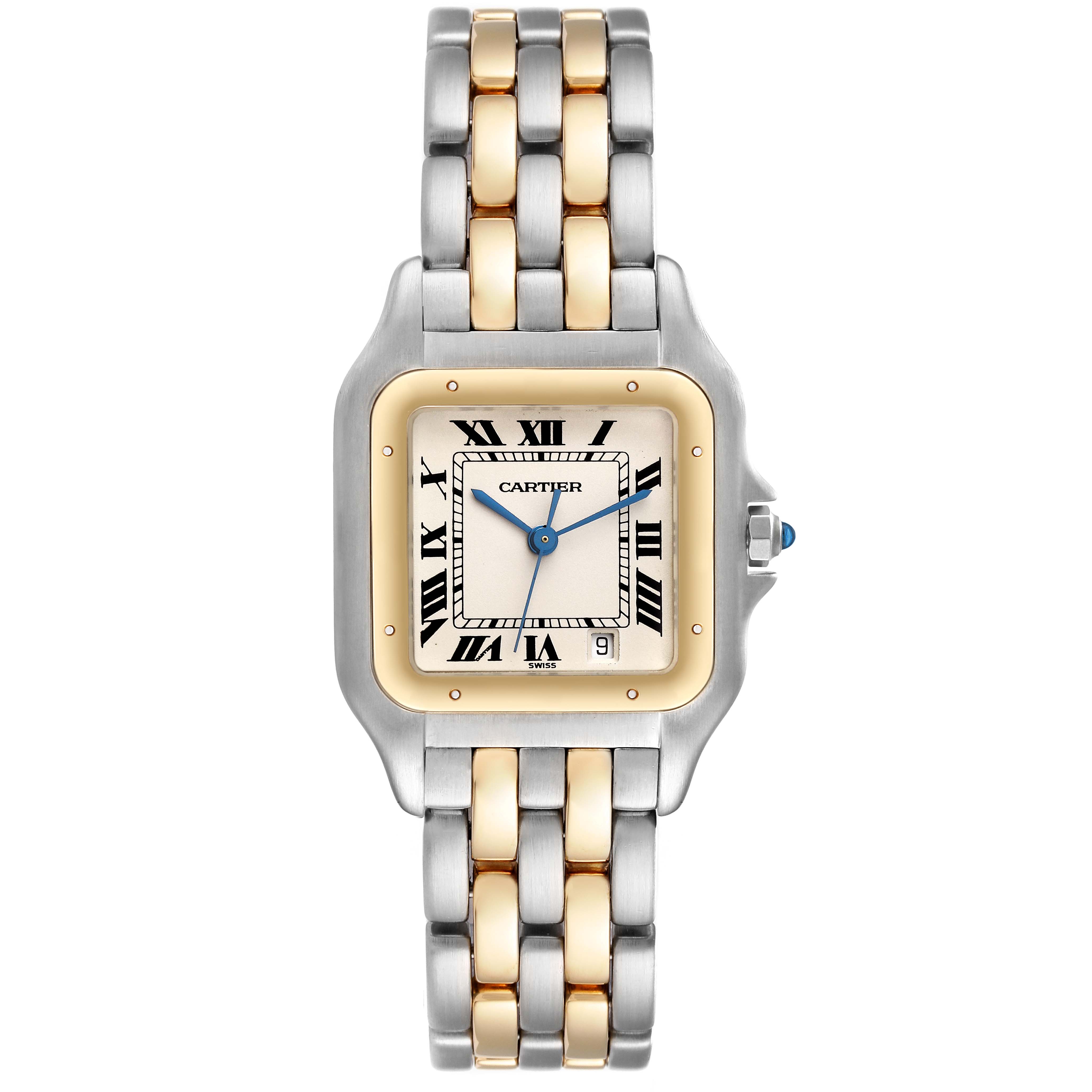 The image shows a Cartier Panthere W25028B6 Men's Steel and Gold (two tone) Silver Dial W25028B6 Men's Steel and Gold (two tone) Silver Dial watch from a top-down angle, highlighting the face and two-tone metal bracelet.