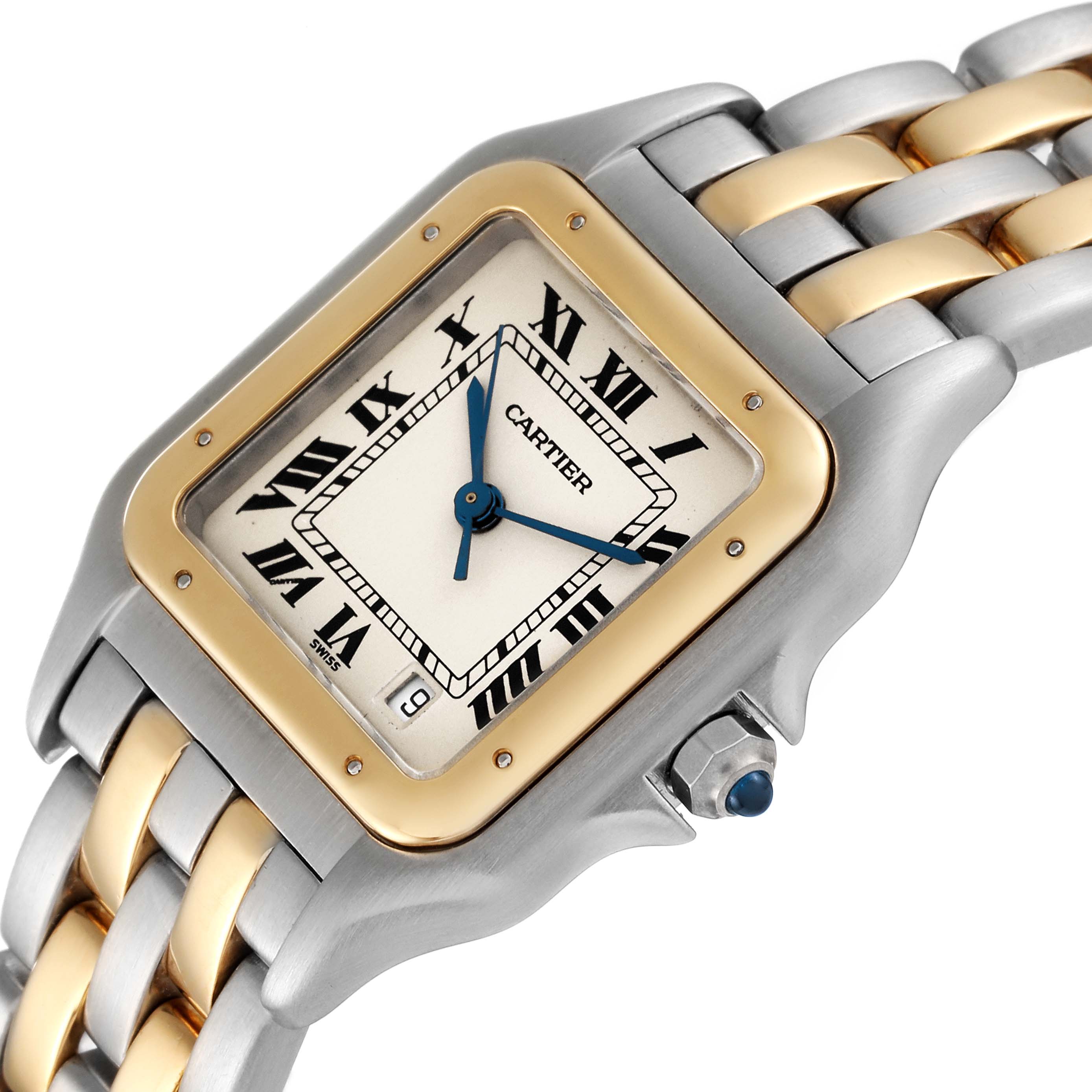 The image shows a close-up angled view of a Cartier Panthere W25028B6 Men's Steel and Gold (two tone) Silver Dial W25028B6 Men's Steel and Gold (two tone) Silver Dial watch, highlighting the face, bezel, and part of the bracelet.