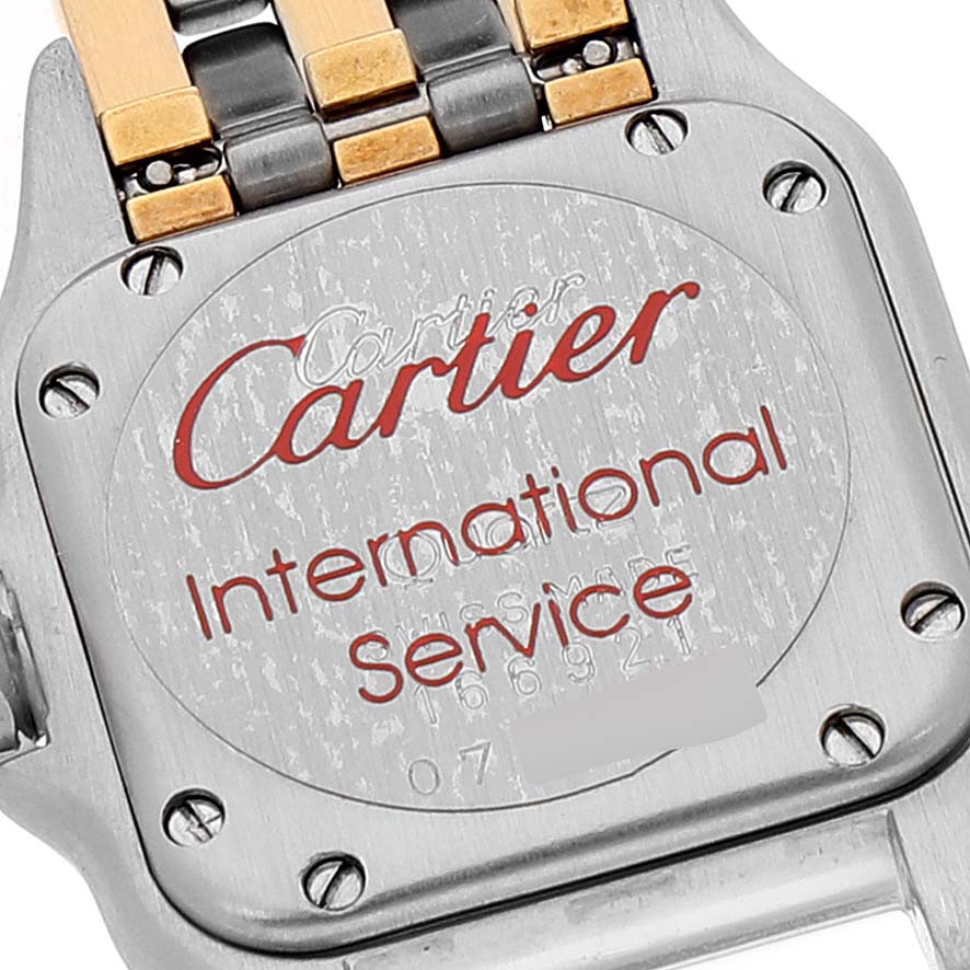 The image shows the back of the Cartier Panthere 166921 Women's Steel and Gold (two tone) Silver Dial 166921 Women's Steel and Gold (two tone) Silver Dial watch, including the band and a service message.