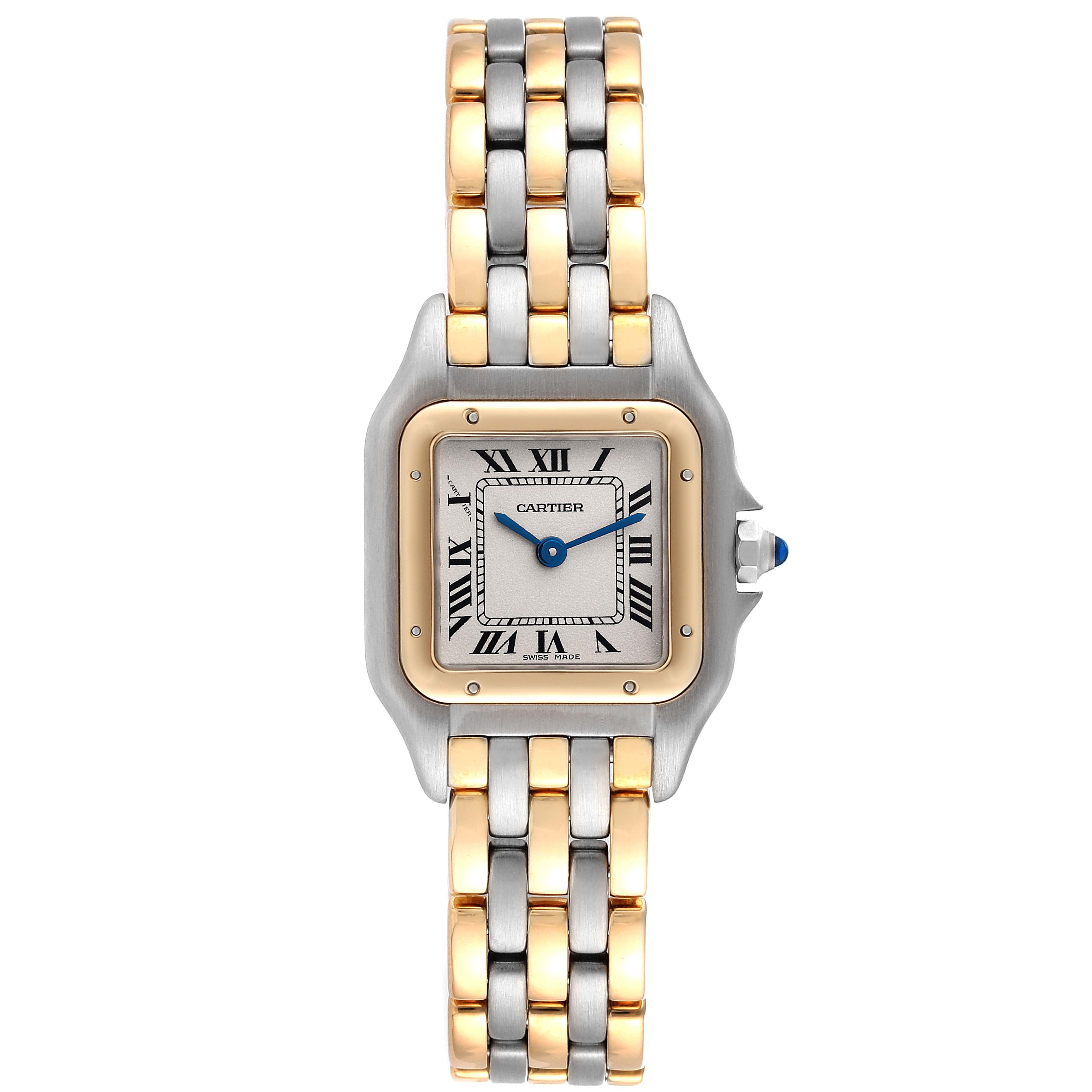 The image shows a full frontal view of the Panthere model by Cartier, including the face, bezel, and band.