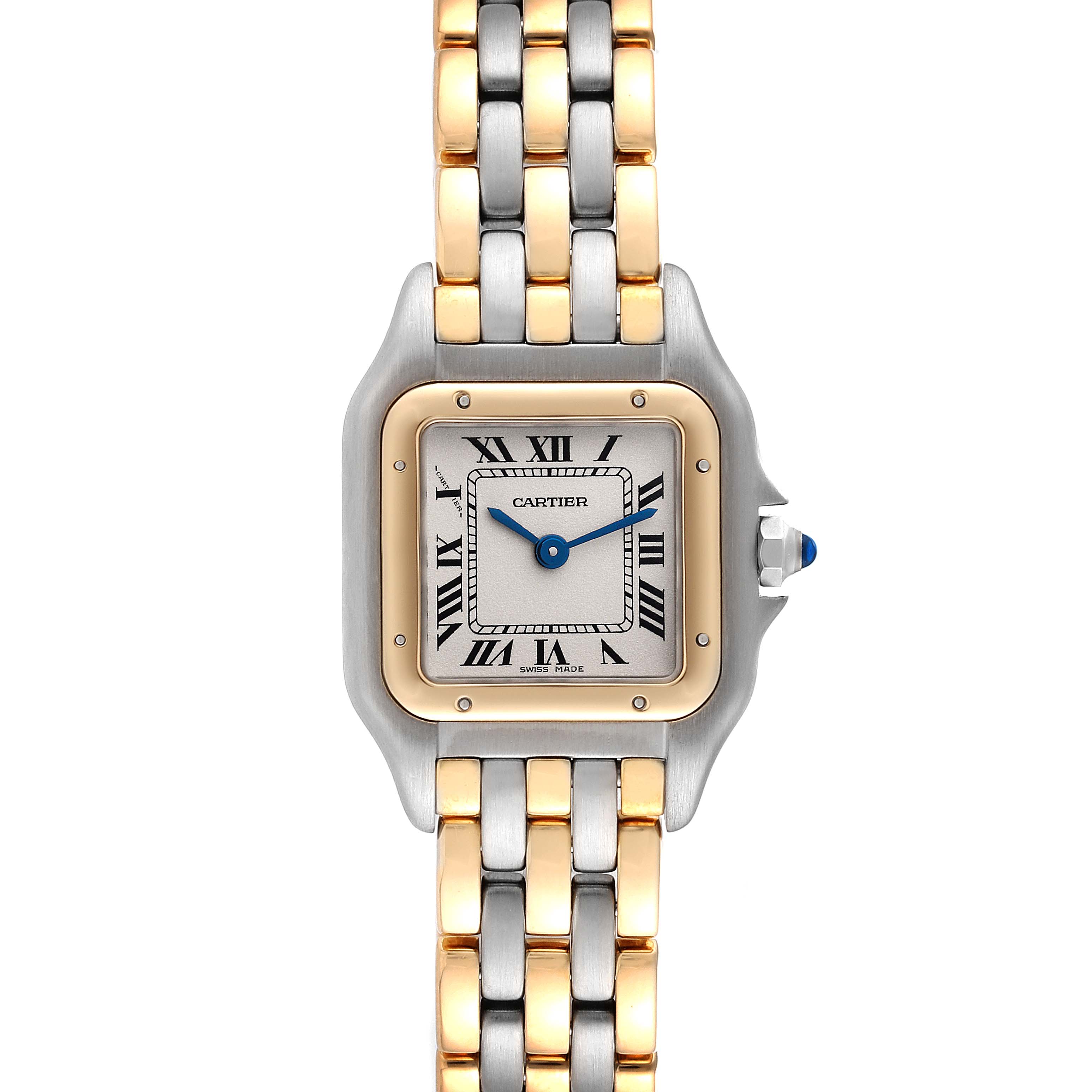 The image shows a front view of the Cartier Panthere 166921 Women's Steel and Gold (two tone) Silver Dial 166921 Women's Steel and Gold (two tone) Silver Dial model, highlighting its face, bezel, and bracelet.