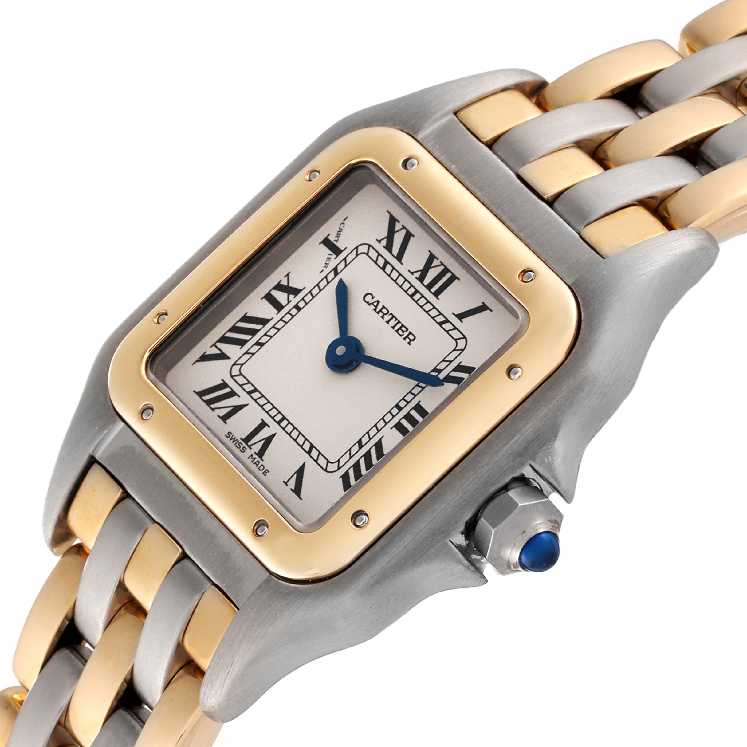 This image shows a close-up angle of a Cartier Panthère watch, highlighting its dial, bezel, and part of the bracelet.