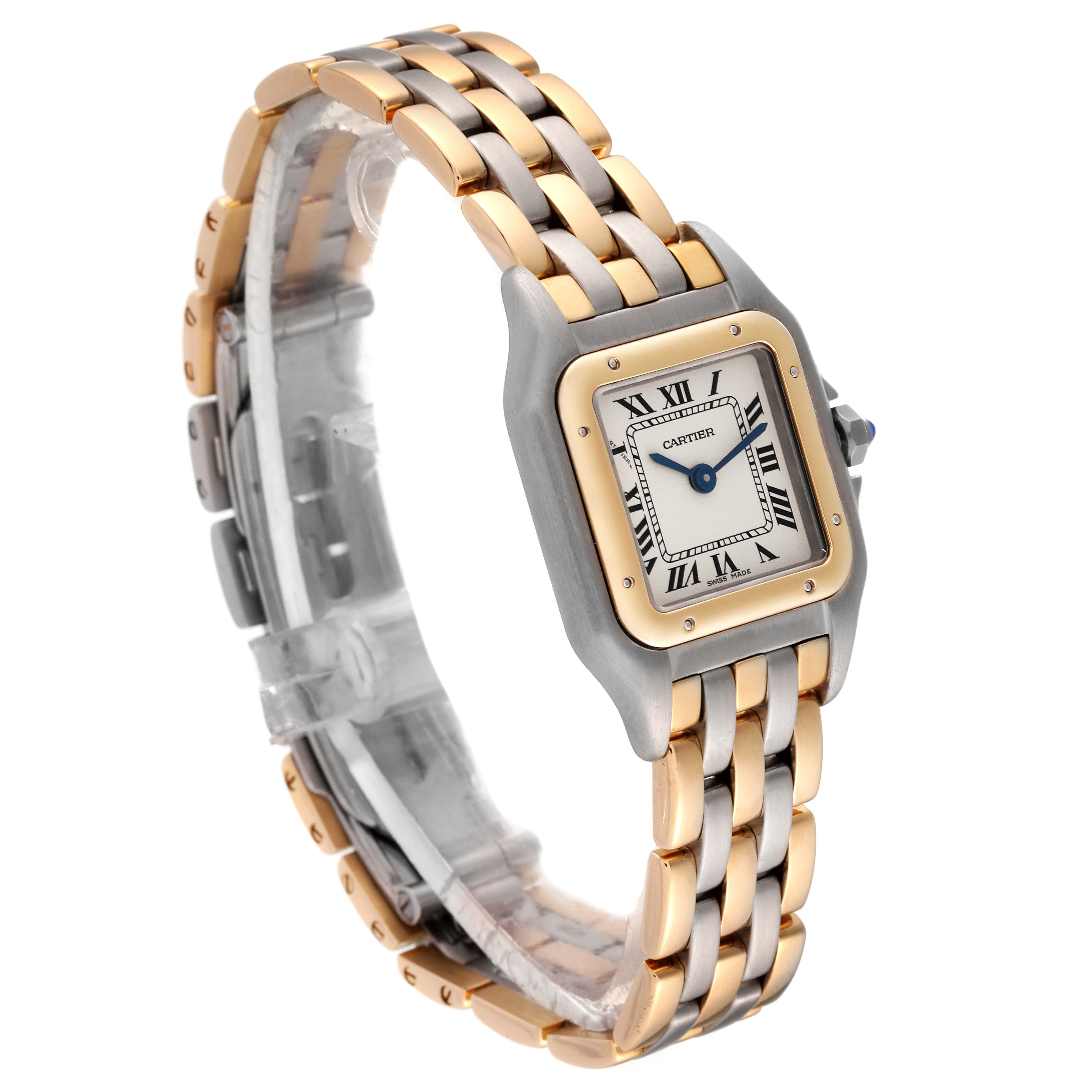 This image shows a Cartier Panthere 166921 Women's Steel and Gold (two tone) Silver Dial 166921 Women's Steel and Gold (two tone) Silver Dial watch at an angle highlighting the face, bezel, and two-tone bracelet.