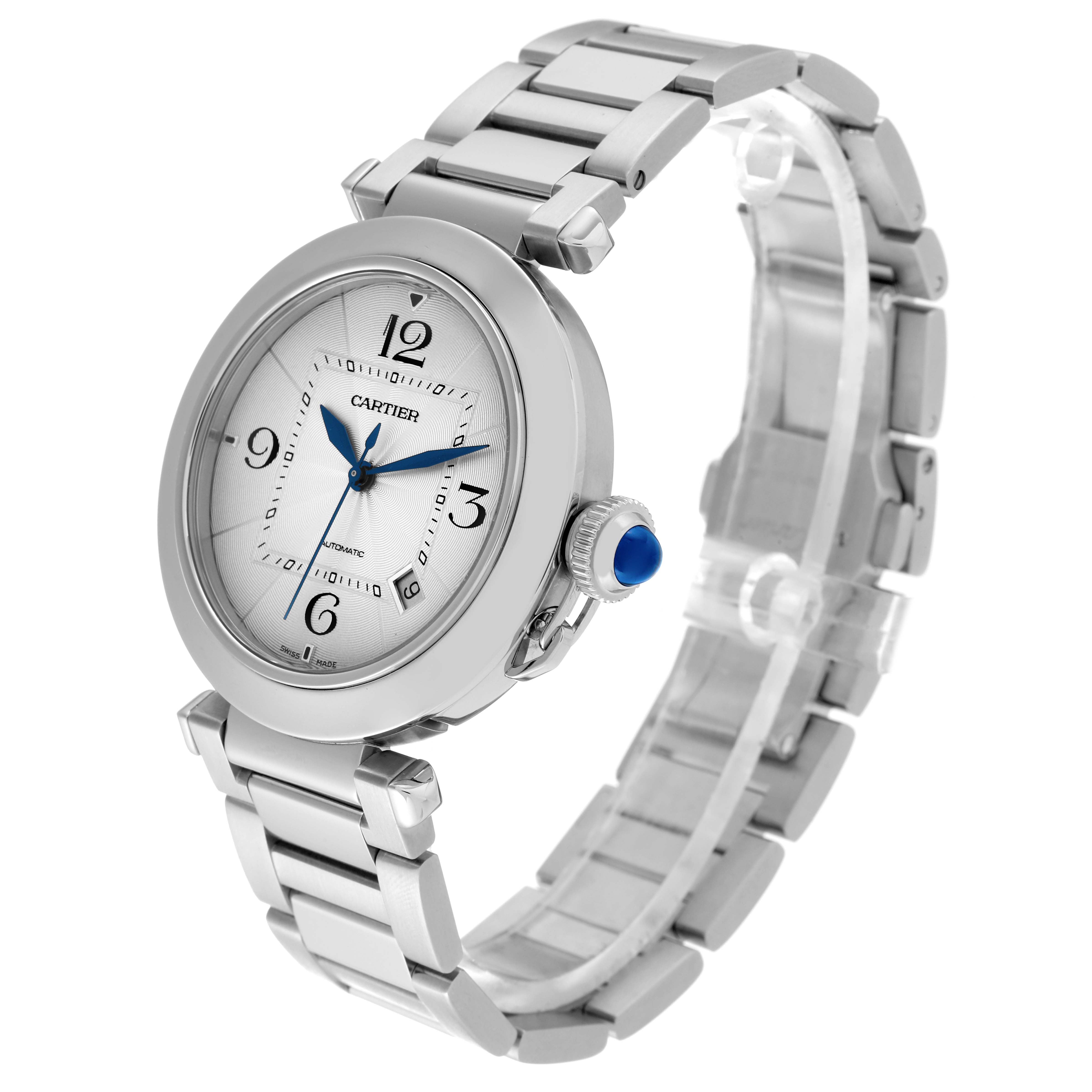 The image shows a Cartier Pasha WSPA0009 Men's Stainless Steel Silver Dial WSPA0009 Men's Stainless Steel Silver Dial watch from a front angle, highlighting the dial, bezel, crown, and bracelet.