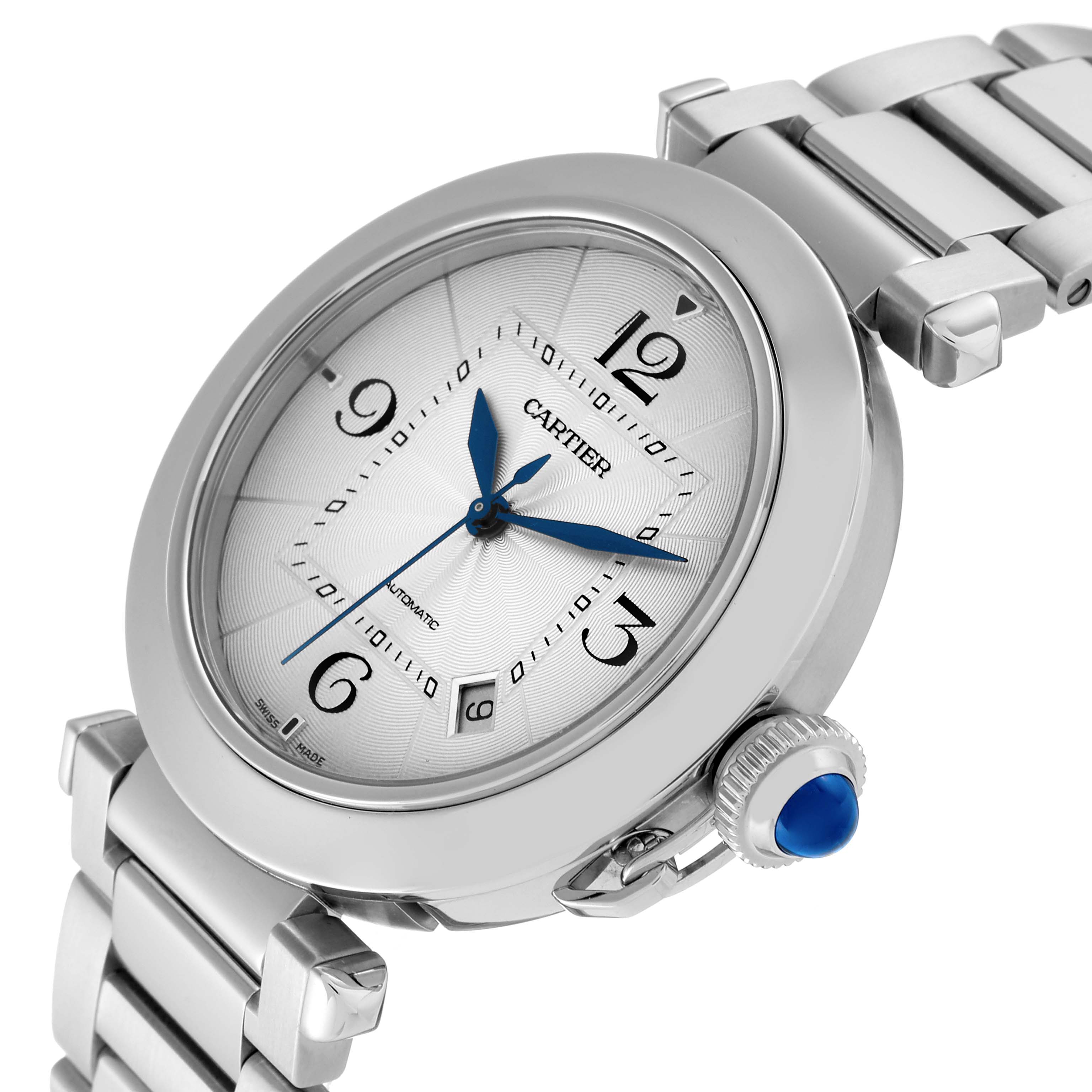 The image shows a side-angle view of the Cartier Pasha WSPA0009 Men's Stainless Steel Silver Dial WSPA0009 Men's Stainless Steel Silver Dial watch, highlighting the dial, crown, and part of the bracelet.