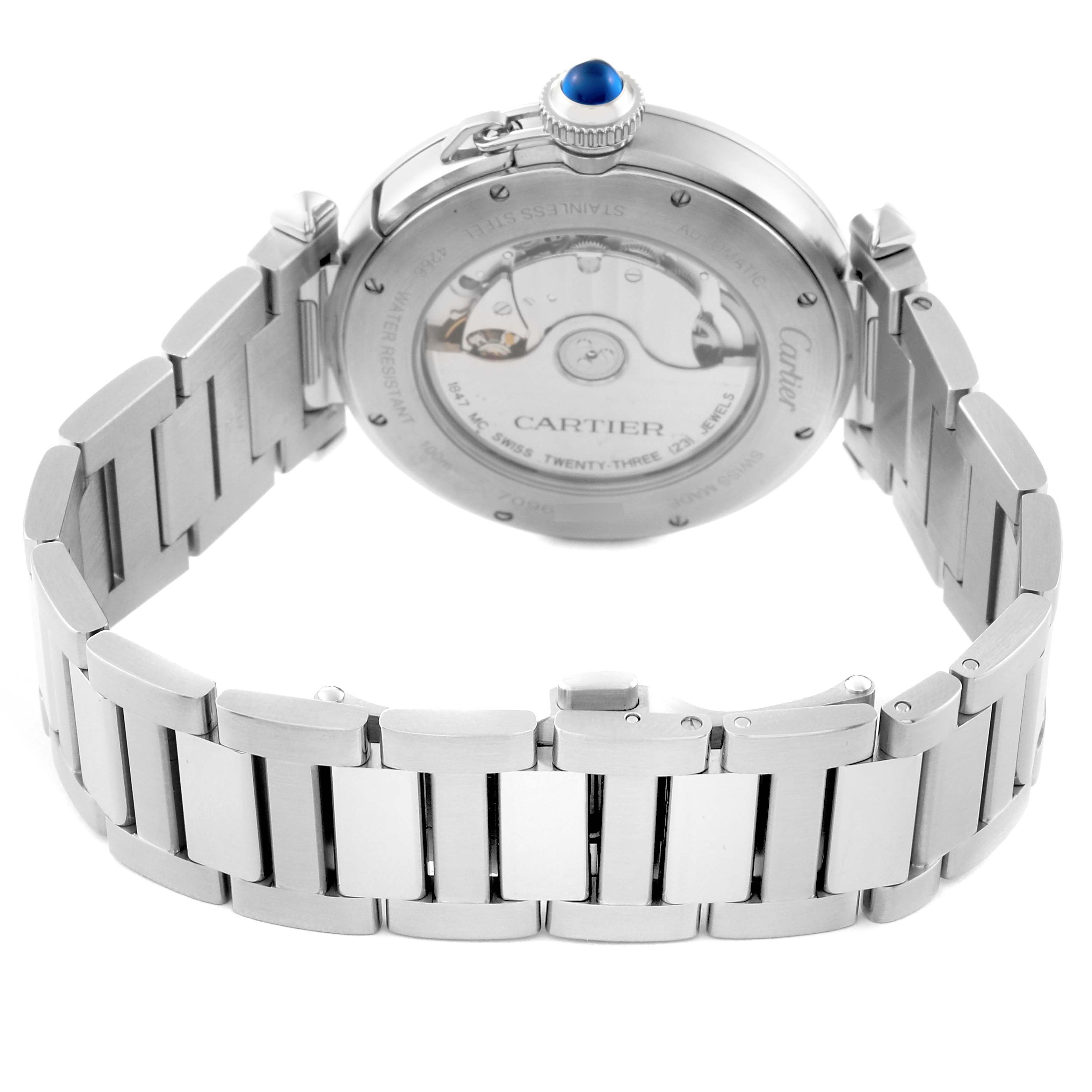The image shows the back view of the Cartier Pasha WSPA0009 Men's Stainless Steel Silver Dial WSPA0009 Men's Stainless Steel Silver Dial watch, focusing on the case back and metal bracelet.