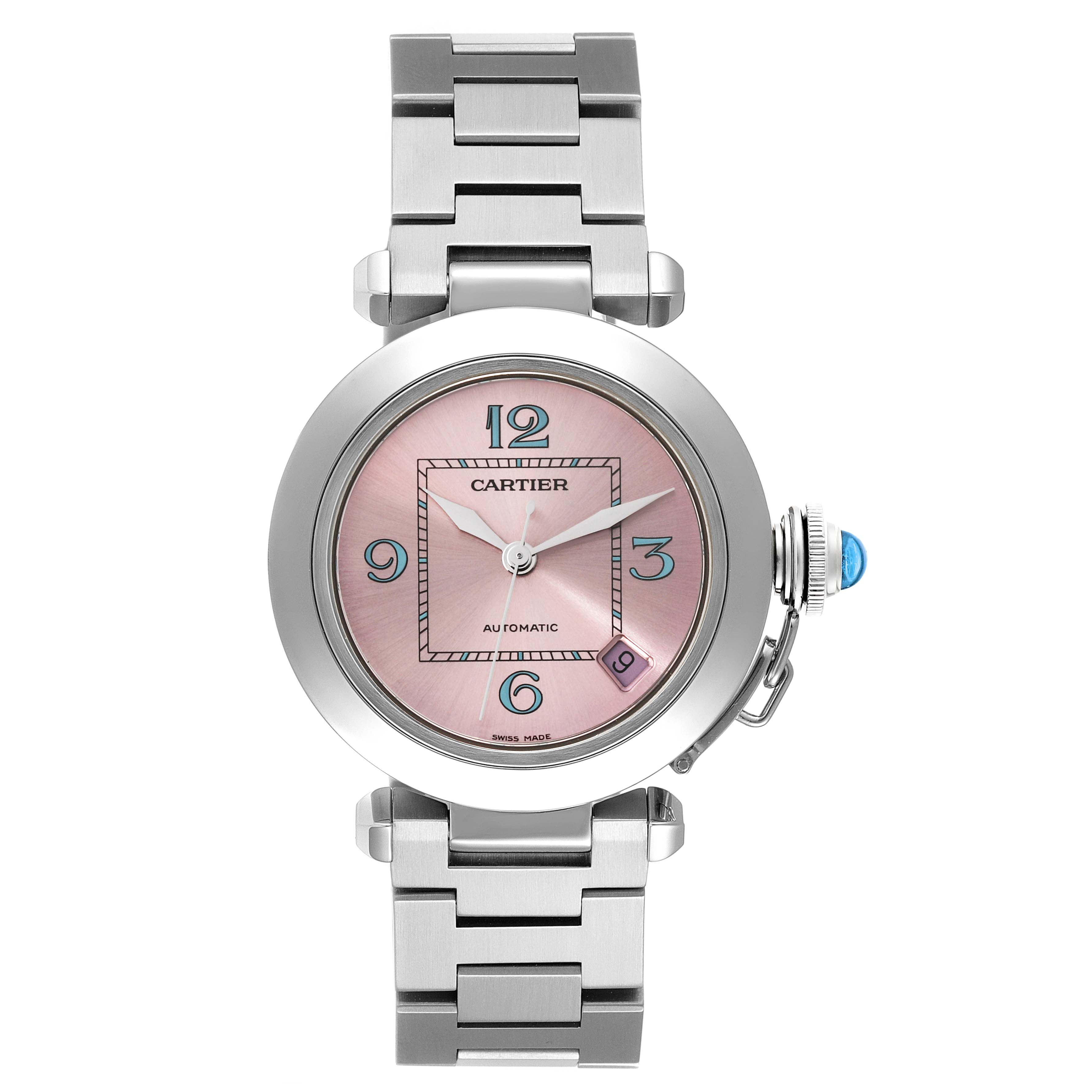 This is a front view of the Cartier Pasha W3108199 Women
s Stainless Steel Pink Dial W3108199 Women
s Stainless Steel Pink Dial model watch, showing its pink dial, stainless steel bracelet, and crown.