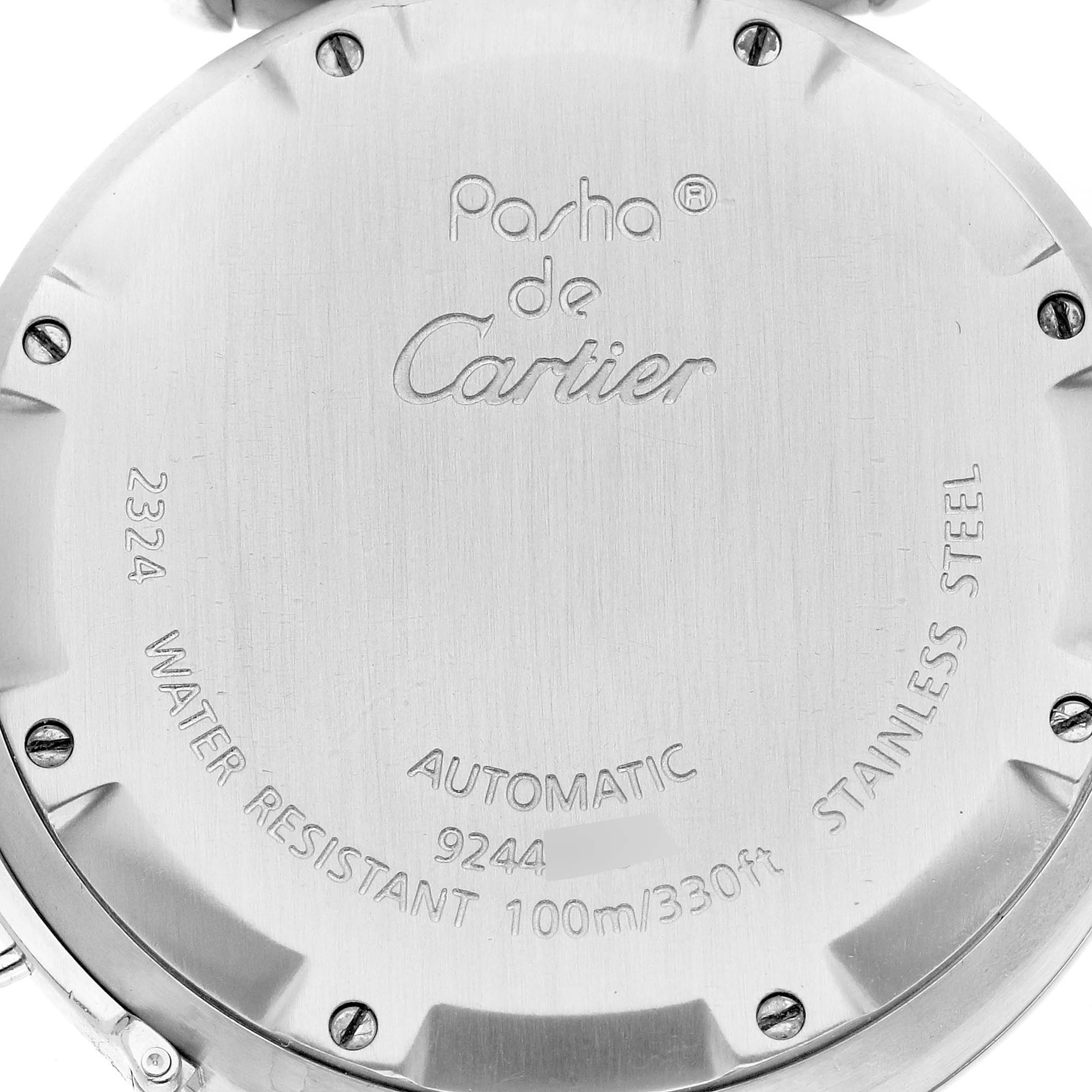 The image shows the back case of a Cartier Pasha W3108199 Women
s Stainless Steel Pink Dial W3108199 Women
s Stainless Steel Pink Dial watch, highlighting its details and specifications.
