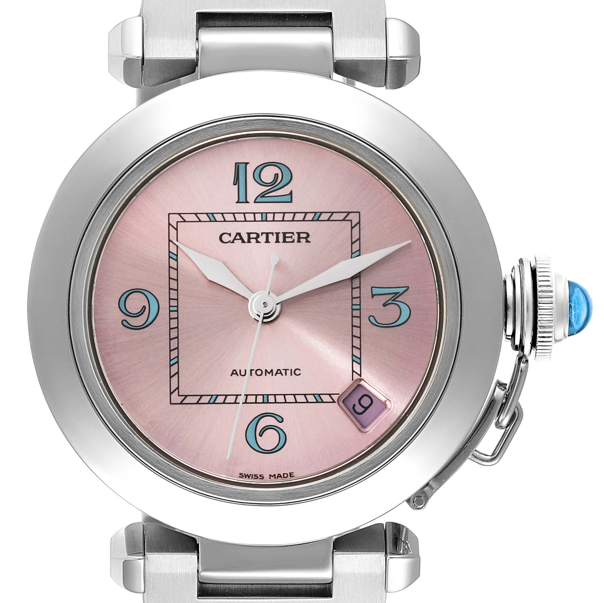 This image shows the front face of a Cartier Pasha W3108199 Women
s Stainless Steel Pink Dial W3108199 Women
s Stainless Steel Pink Dial watch with a pink dial and stainless steel case.