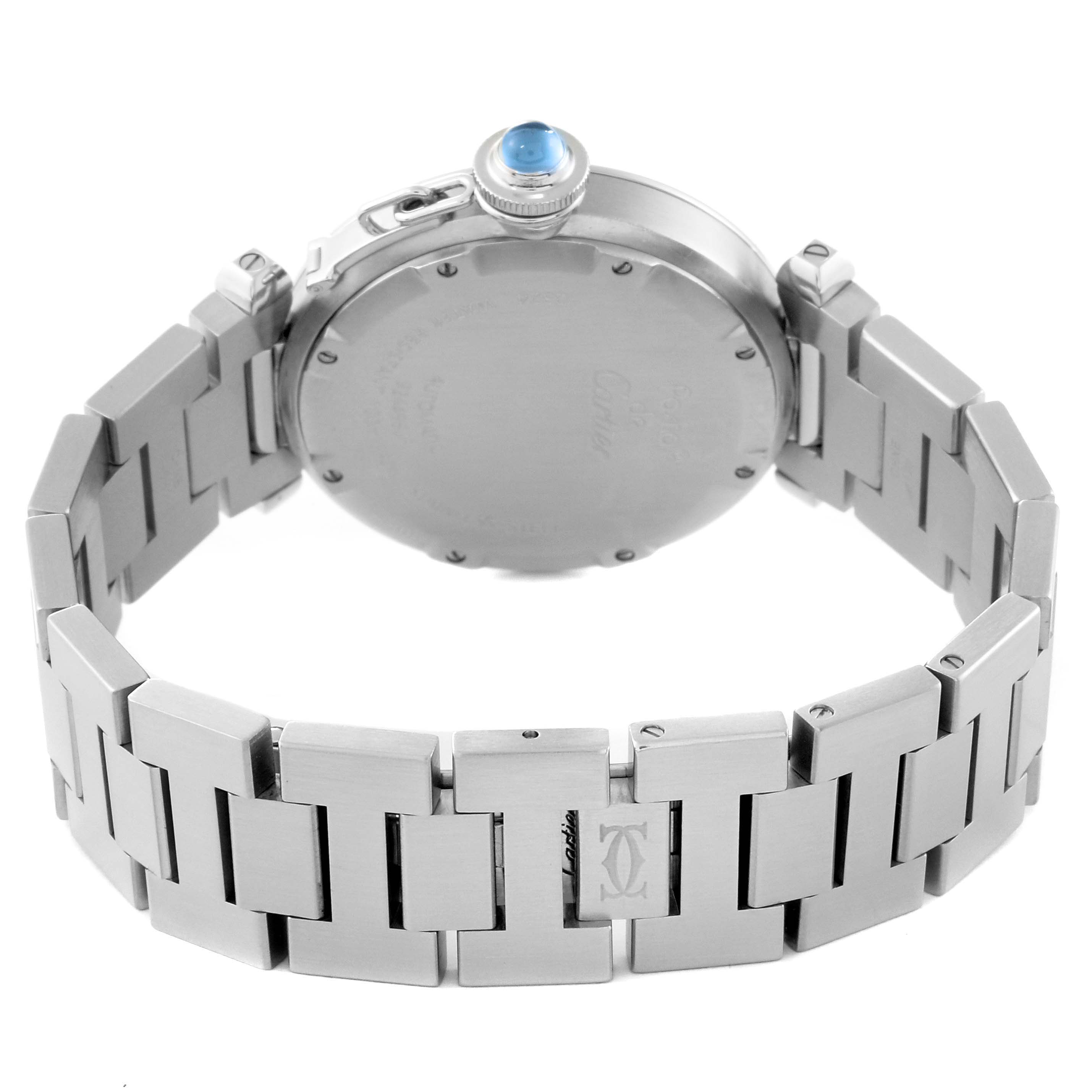 This image shows the back and bracelet of a Cartier Pasha W3108199 Women
s Stainless Steel Pink Dial W3108199 Women
s Stainless Steel Pink Dial watch, highlighting the stainless steel strap and case back.