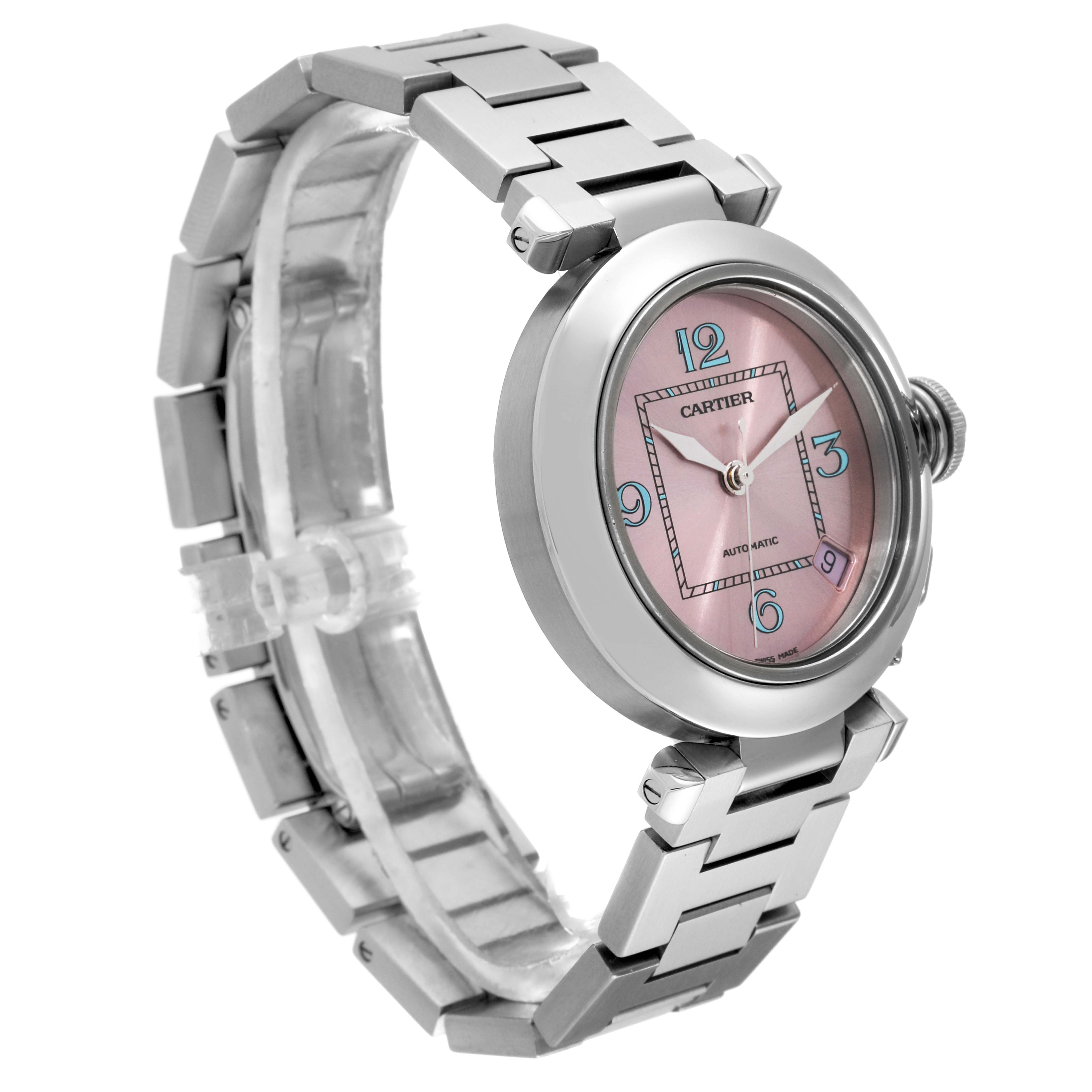 The image shows a Cartier Pasha W3108199 Women
s Stainless Steel Pink Dial W3108199 Women
s Stainless Steel Pink Dial watch at a slight angle, highlighting the pink dial, bezel, and part of the bracelet.