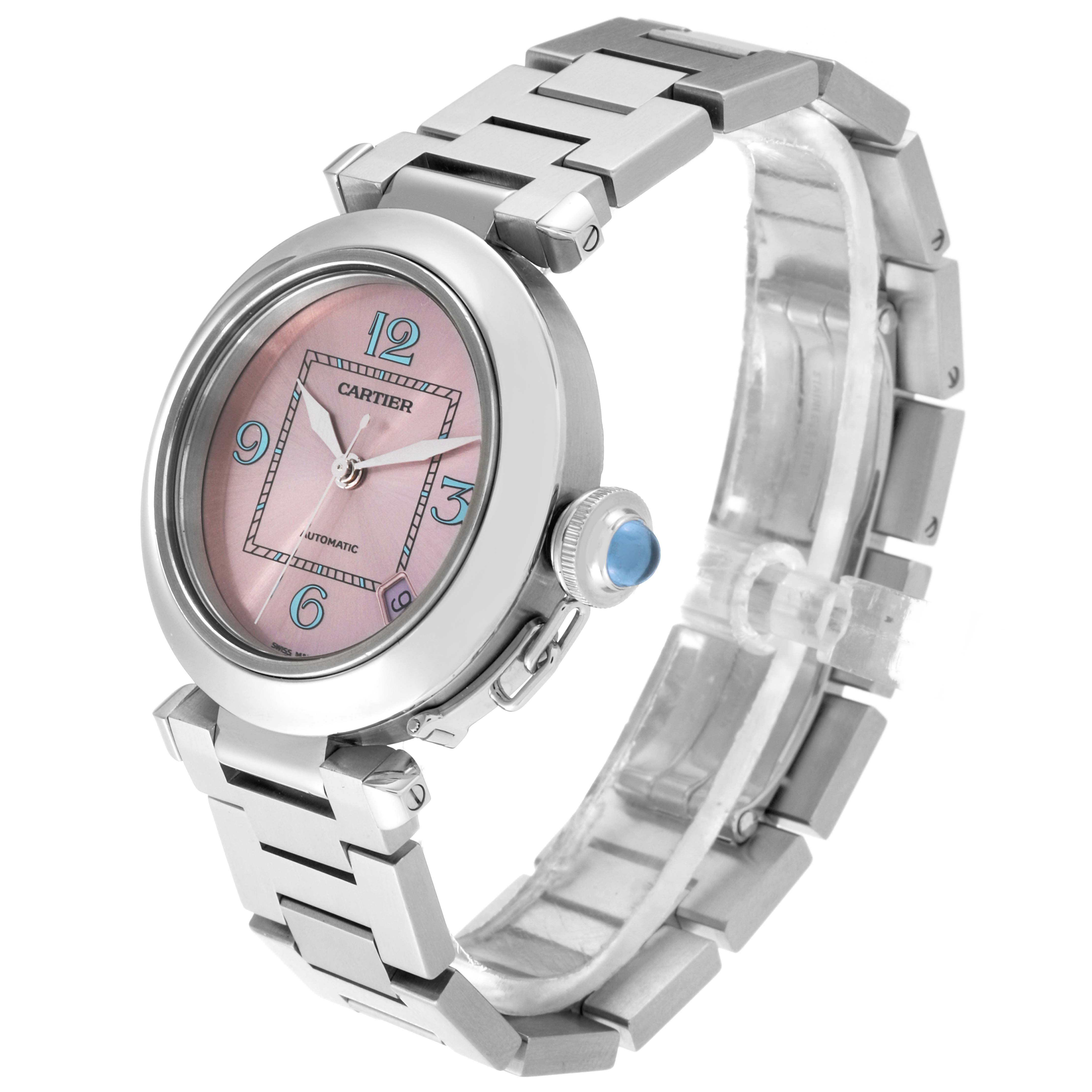 This image shows the Cartier Pasha W3108199 Women
s Stainless Steel Pink Dial W3108199 Women
s Stainless Steel Pink Dial watch from a front-left angle, highlighting its dial, crown, and bracelet.