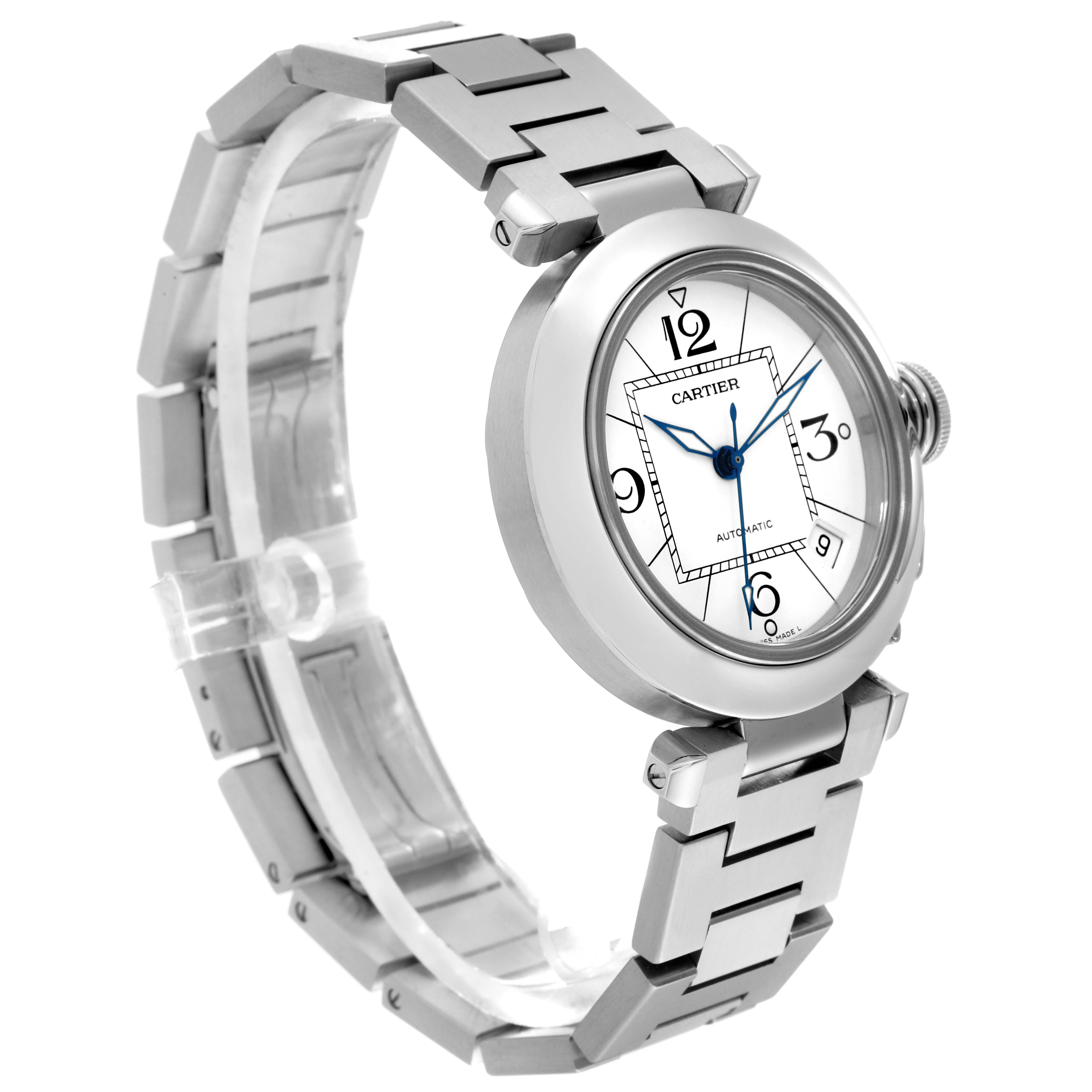 This image shows a Cartier Pasha W31074M7 Men's Stainless Steel White Dial W31074M7 Men's Stainless Steel White Dial model watch angled from the top-right, highlighting the face, crown, and metal bracelet.