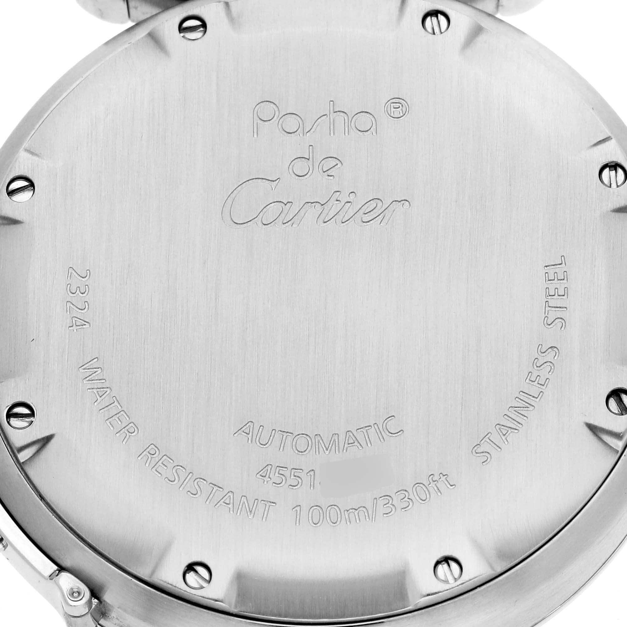 This image shows the back cover of a Pasha de Cartier watch, highlighting specifications like water resistance and material.