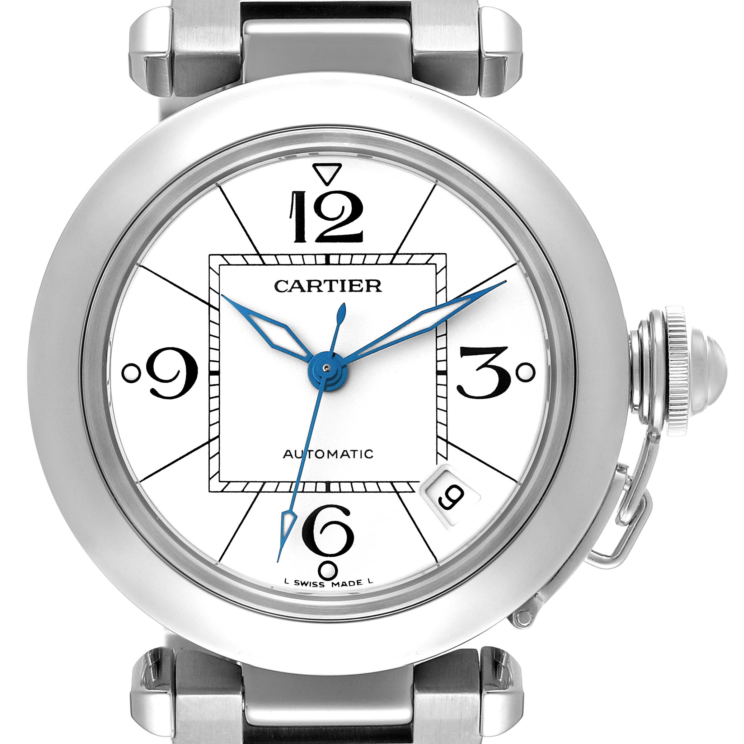 This image shows a front view of the Cartier Pasha W31074M7 Men's Stainless Steel White Dial W31074M7 Men's Stainless Steel White Dial model watch, including the dial, hands, crown, bezel, and part of the bracelet.