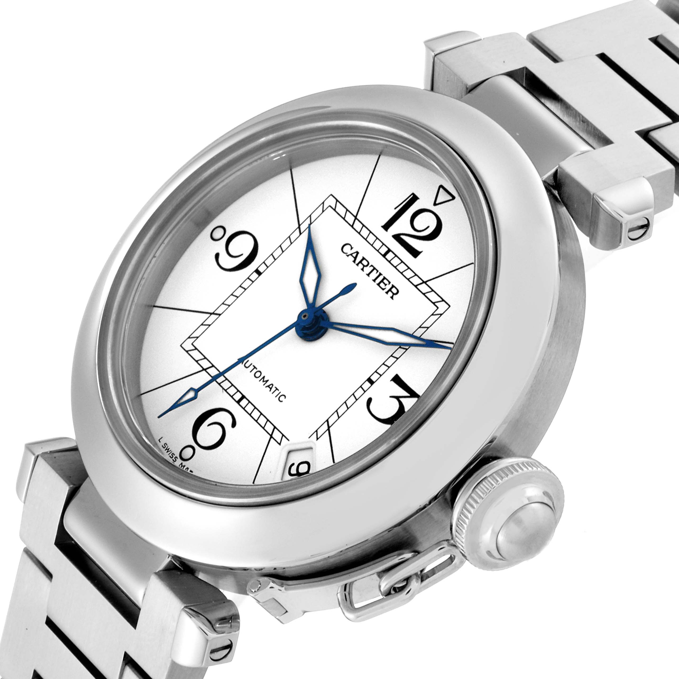 The image shows a close-up of the Cartier Pasha W31074M7 Men's Stainless Steel White Dial W31074M7 Men's Stainless Steel White Dial watch face and part of its metal bracelet from an angled perspective.