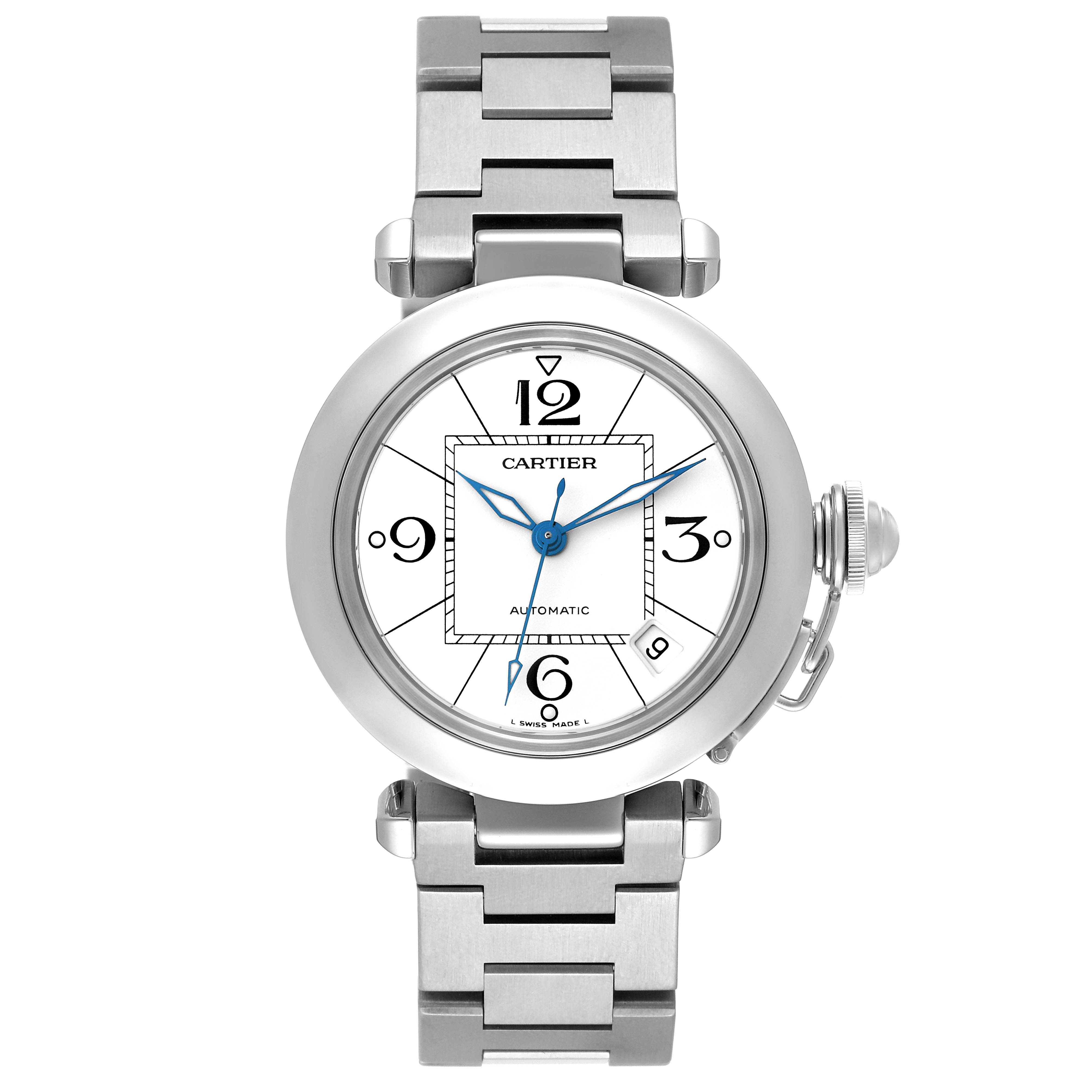 This image shows a front view of the Cartier Pasha W31074M7 Men's Stainless Steel White Dial W31074M7 Men's Stainless Steel White Dial watch, highlighting its face, hands, bracelet, and crown cover.
