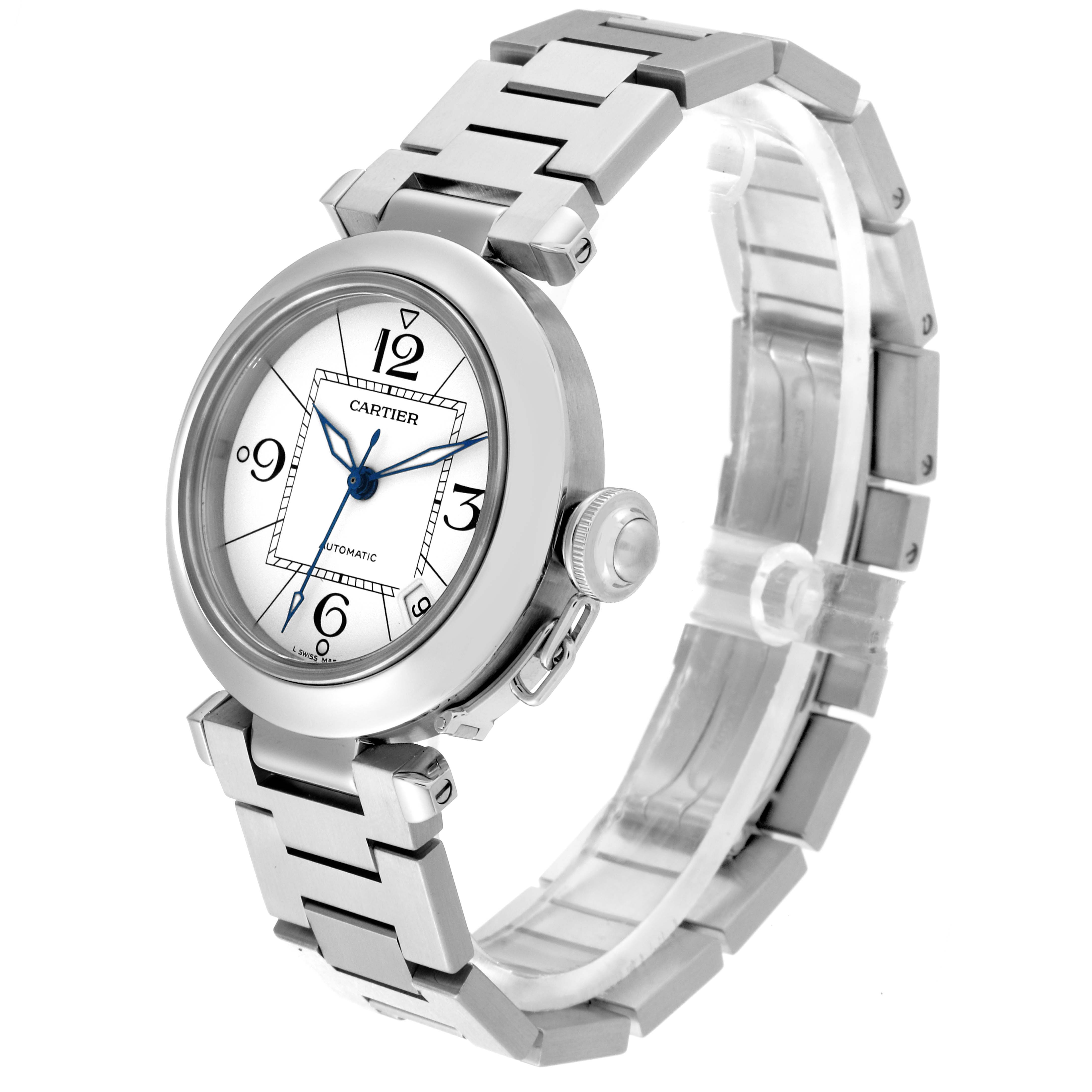 The Cartier Pasha W31074M7 Men's Stainless Steel White Dial W31074M7 Men's Stainless Steel White Dial watch is shown at a three-quarter angle, displaying the face, crown, and bracelet.