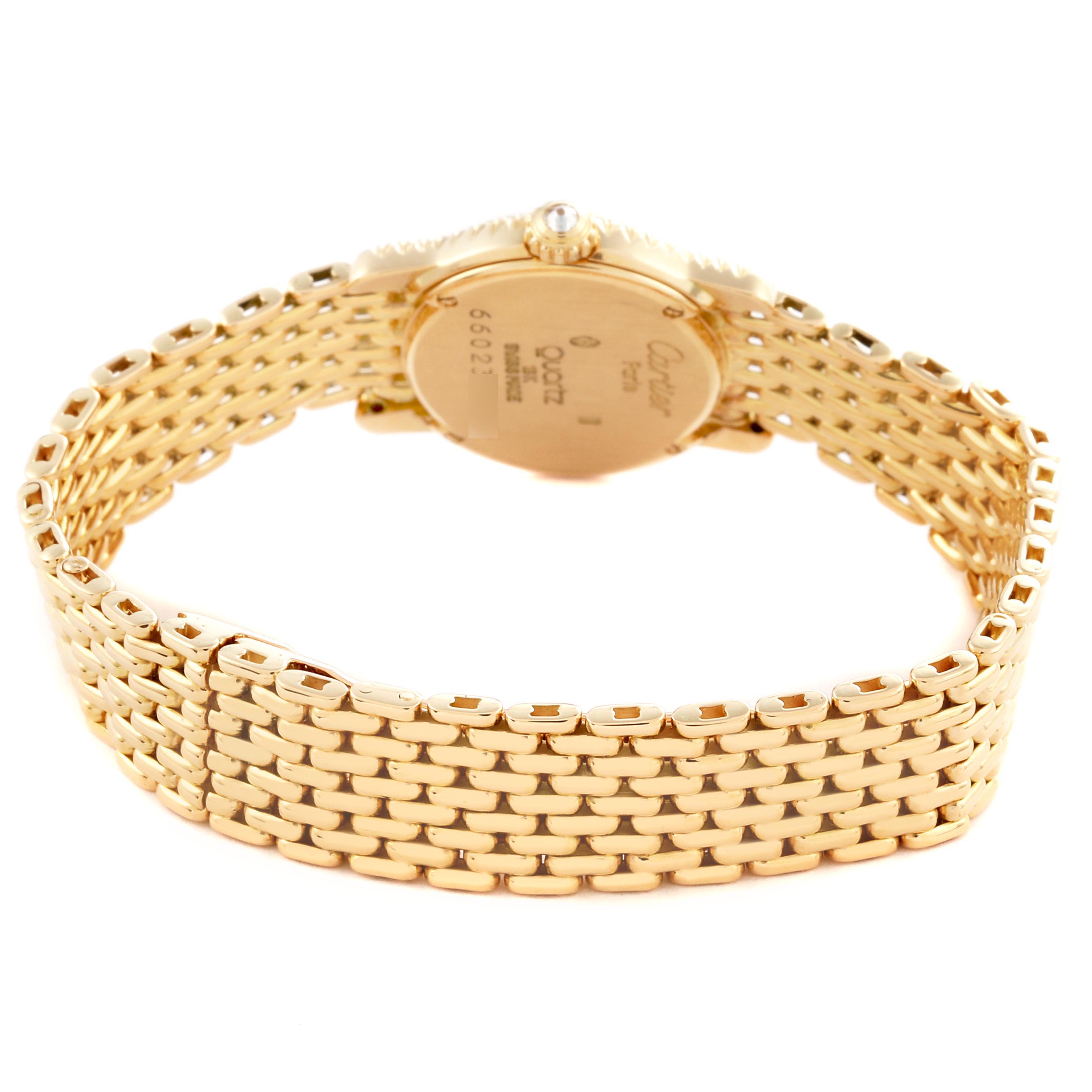 The image shows the back and side of the Cartier Vendome CARTIER RIVIERA SMALL YELLOW GOLD QUARTZ LADIES WATCH BOX PAPERS. Women's Yellow Gold Mother of Pearl Dial CARTIER RIVIERA SMALL YELLOW GOLD QUARTZ LADIES WATCH BOX PAPERS. Women's Yellow Gold Mother of Pearl Dial watch, highlighting its gold bracelet and clasp.