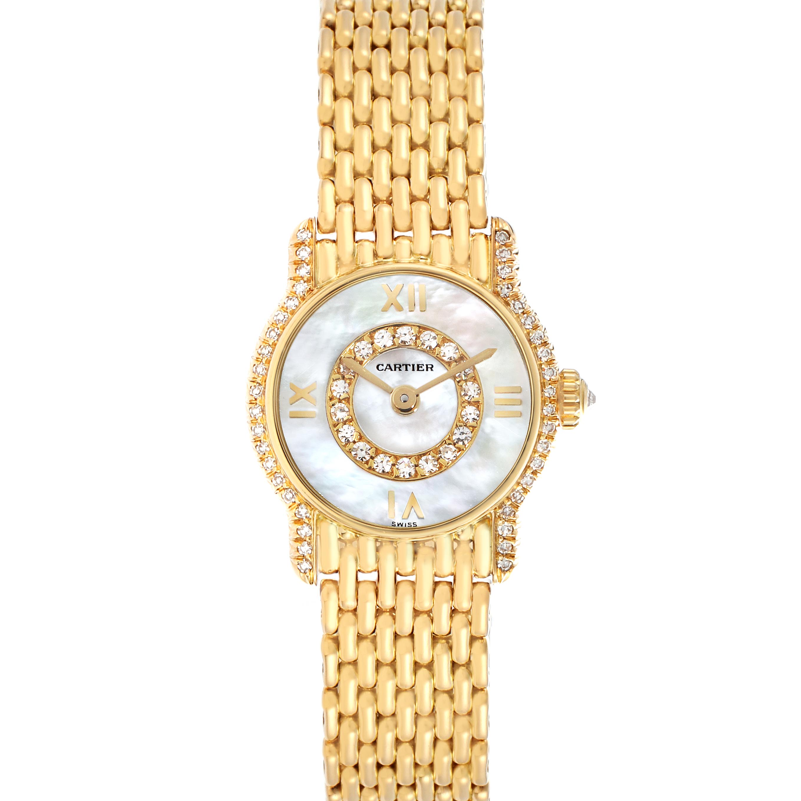 The Vendome model by Cartier is shown from a front angle, displaying its gold bracelet, jeweled bezel, and dial.