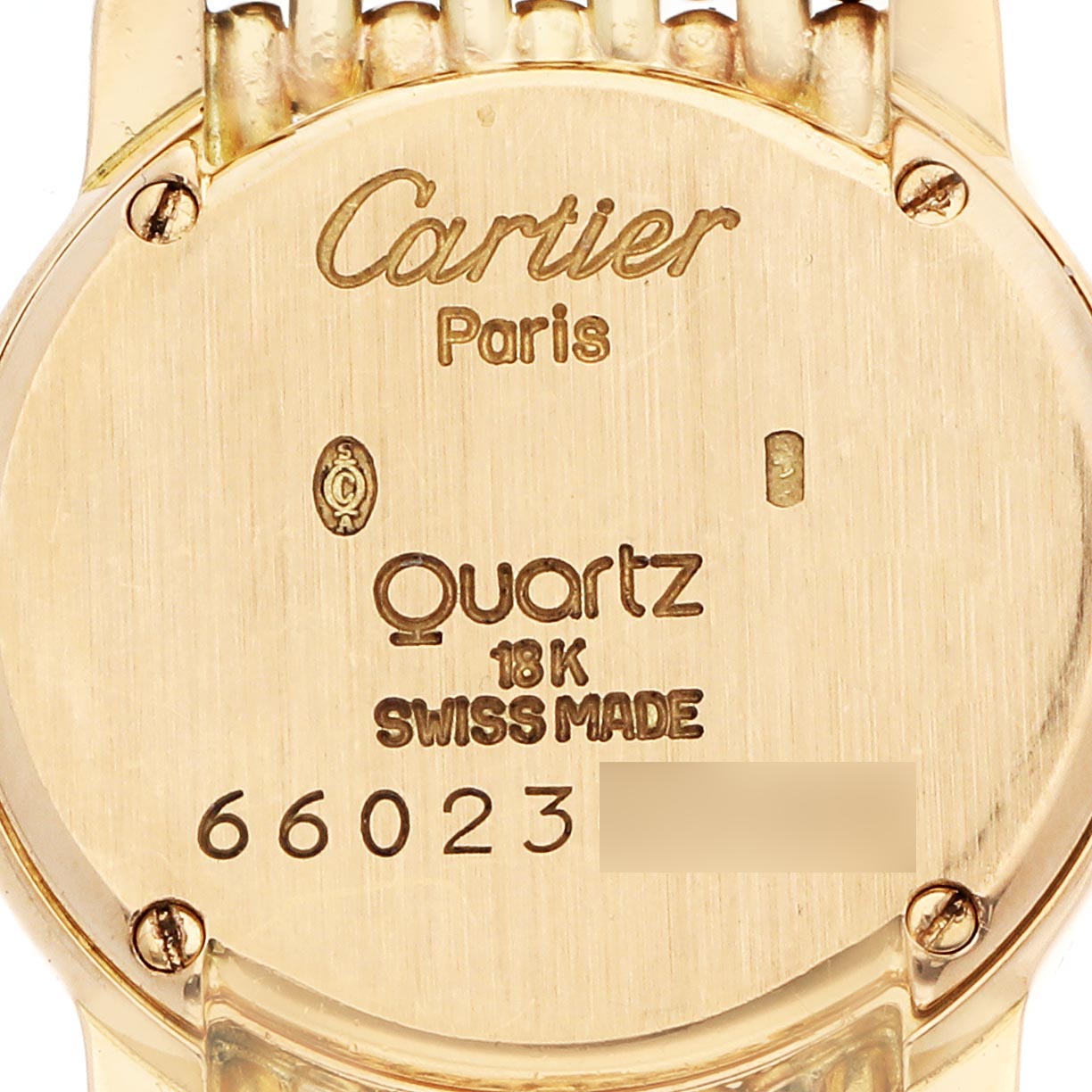 The image shows the back of a Cartier Vendome CARTIER RIVIERA SMALL YELLOW GOLD QUARTZ LADIES WATCH BOX PAPERS. Women's Yellow Gold Mother of Pearl Dial CARTIER RIVIERA SMALL YELLOW GOLD QUARTZ LADIES WATCH BOX PAPERS. Women's Yellow Gold Mother of Pearl Dial watch, highlighting the brand, model, material, and serial number.