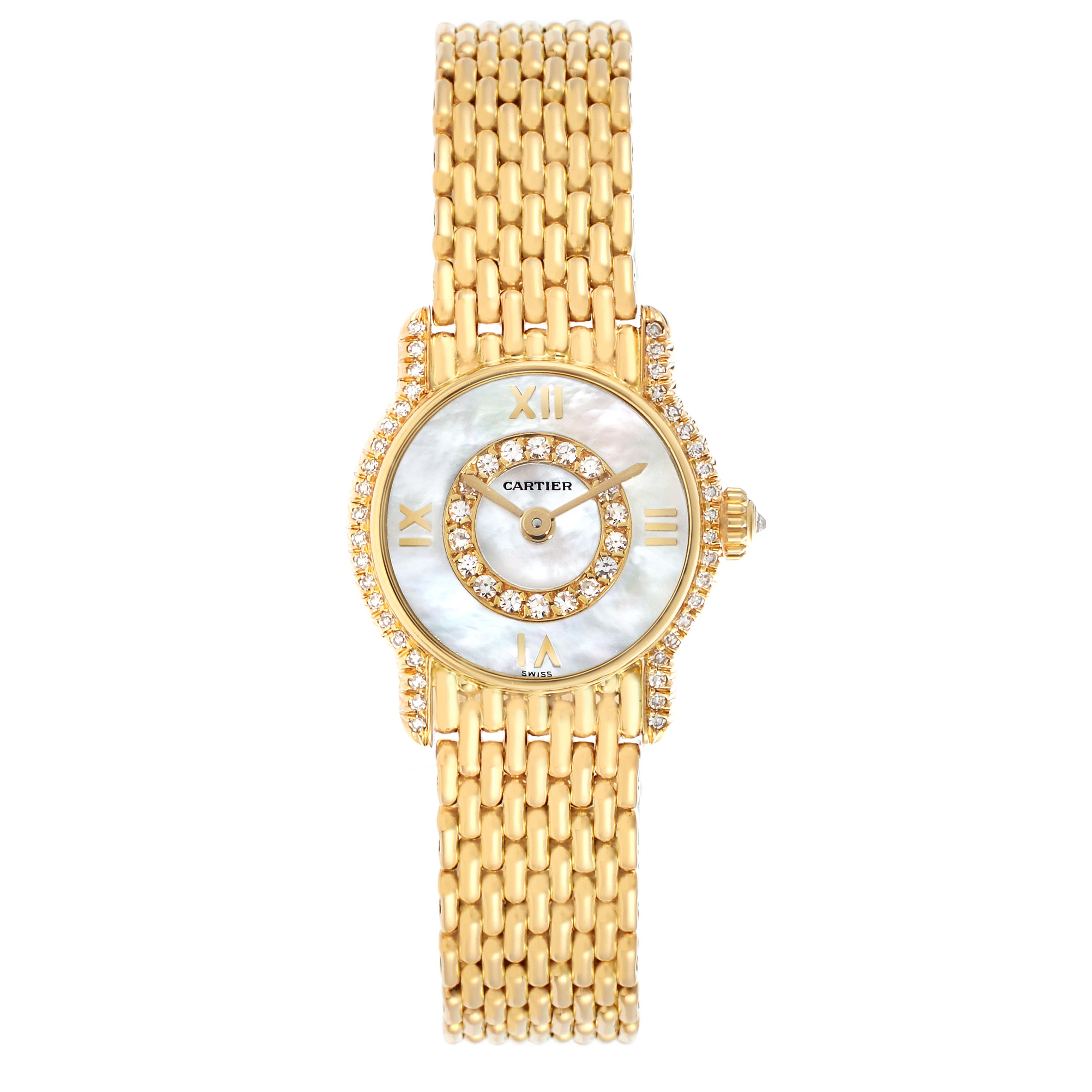 The Cartier Vendome CARTIER RIVIERA SMALL YELLOW GOLD QUARTZ LADIES WATCH BOX PAPERS. Women's Yellow Gold Mother of Pearl Dial CARTIER RIVIERA SMALL YELLOW GOLD QUARTZ LADIES WATCH BOX PAPERS. Women's Yellow Gold Mother of Pearl Dial watch is shown from a top-down angle, highlighting the gold bracelet, diamond accents, and mother-of-pearl face.