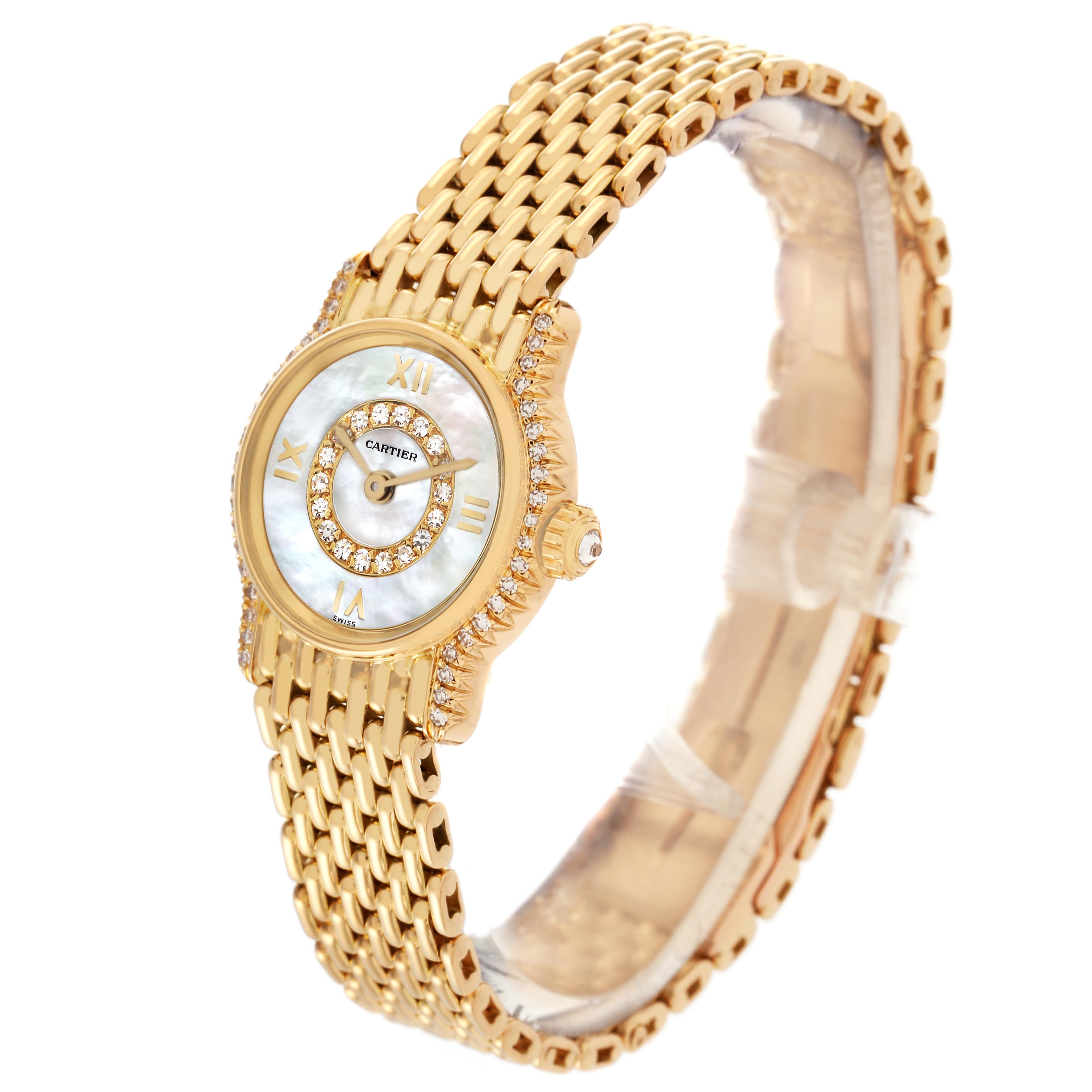 The Cartier Vendome CARTIER RIVIERA SMALL YELLOW GOLD QUARTZ LADIES WATCH BOX PAPERS. Women's Yellow Gold Mother of Pearl Dial CARTIER RIVIERA SMALL YELLOW GOLD QUARTZ LADIES WATCH BOX PAPERS. Women's Yellow Gold Mother of Pearl Dial watch is shown at a three-quarter angle, displaying the face, gold bracelet, and diamond detailing.