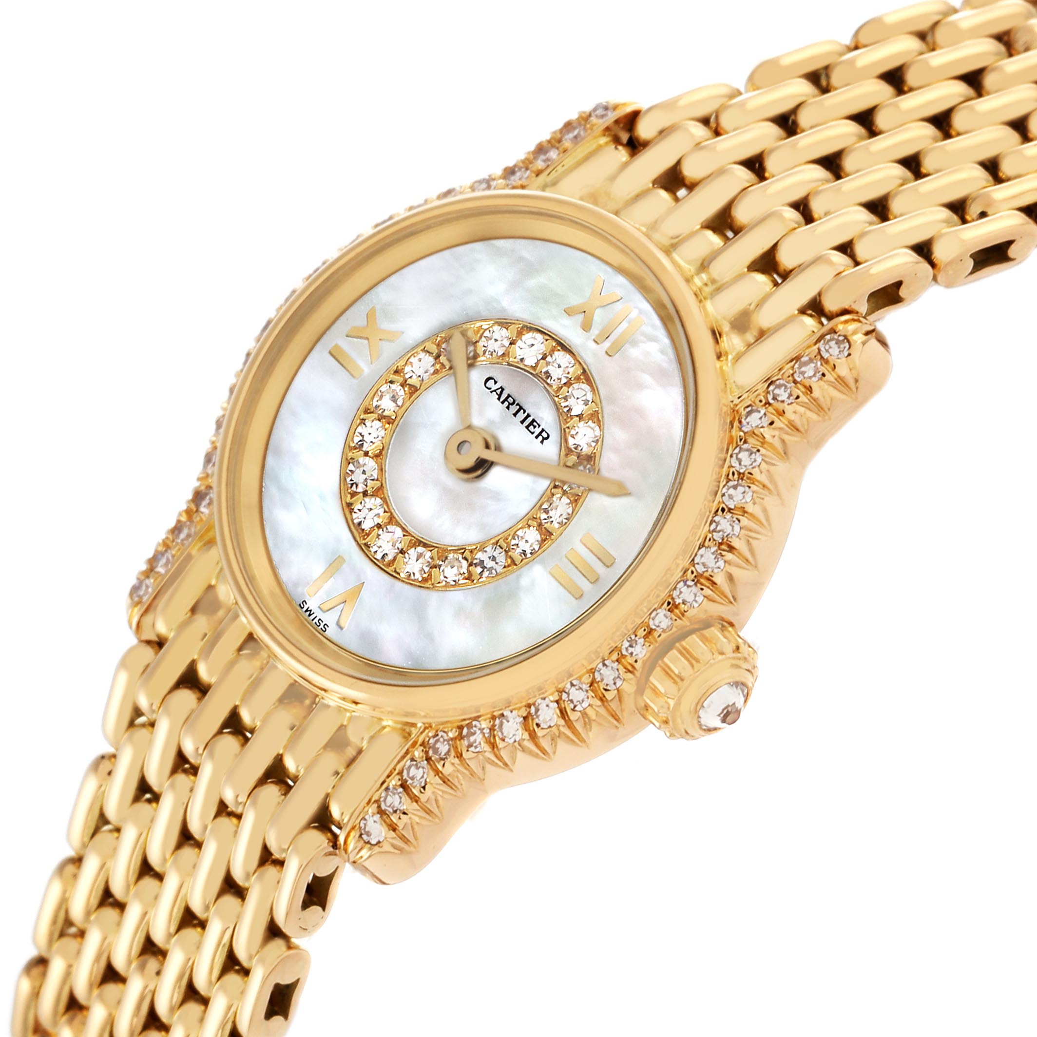 The Vendome model by Cartier is shown from a side angle, highlighting the gold bracelet, diamond-studded bezel, and mother-of-pearl dial.
