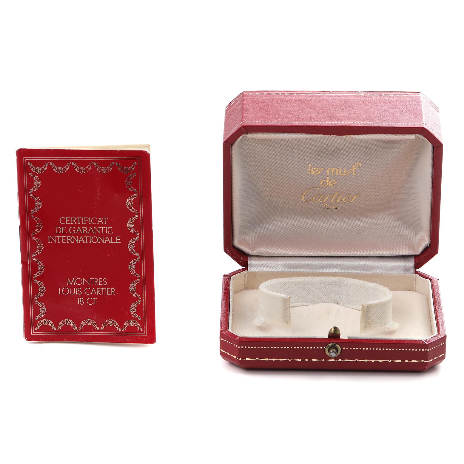 The image shows a Vendome model Cartier watch box and warranty certificate, both in red with gold details.