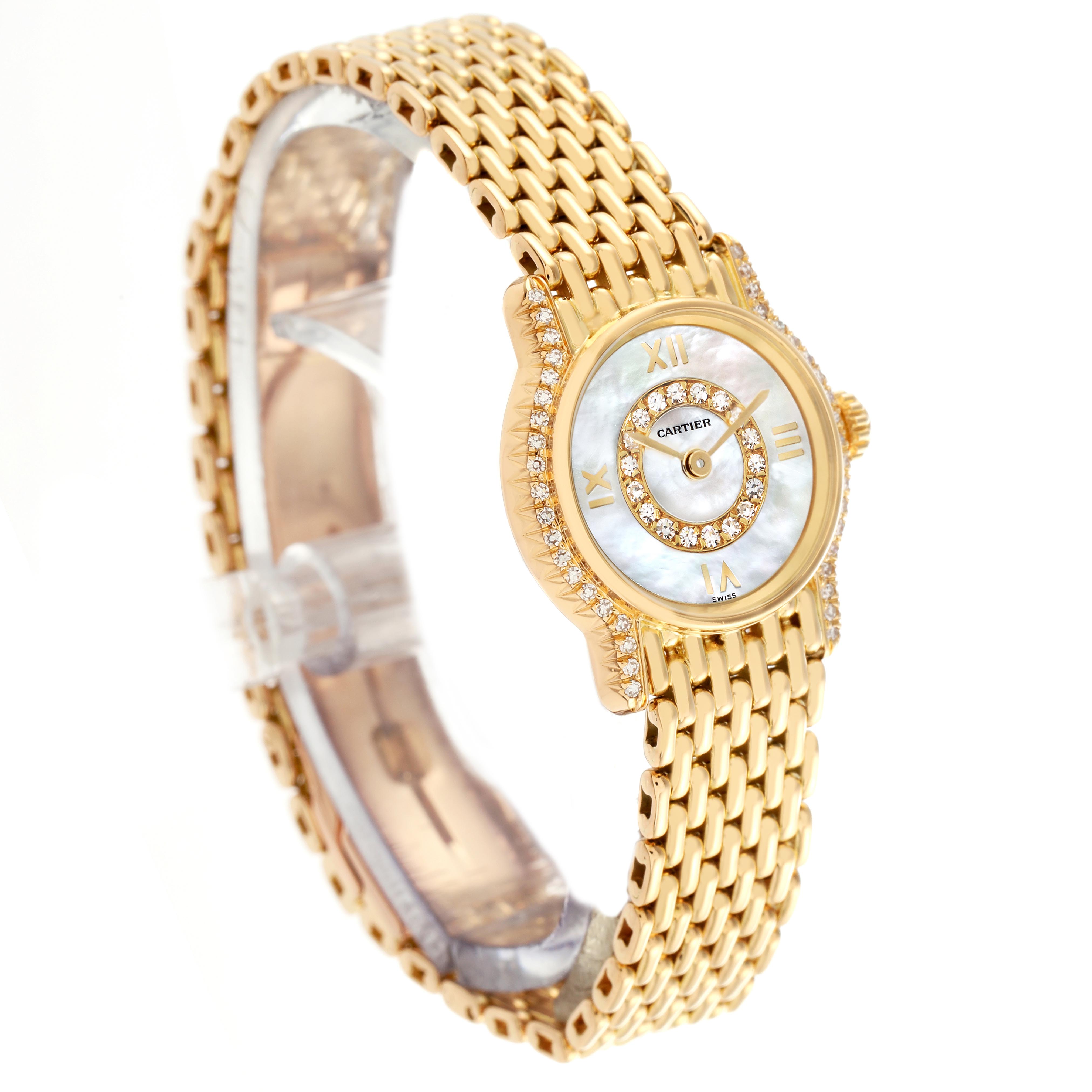 The Cartier Vendome CARTIER RIVIERA SMALL YELLOW GOLD QUARTZ LADIES WATCH BOX PAPERS. Women's Yellow Gold Mother of Pearl Dial CARTIER RIVIERA SMALL YELLOW GOLD QUARTZ LADIES WATCH BOX PAPERS. Women's Yellow Gold Mother of Pearl Dial model watch is shown at a side angle, highlighting its gold link bracelet and diamond-encrusted bezel.