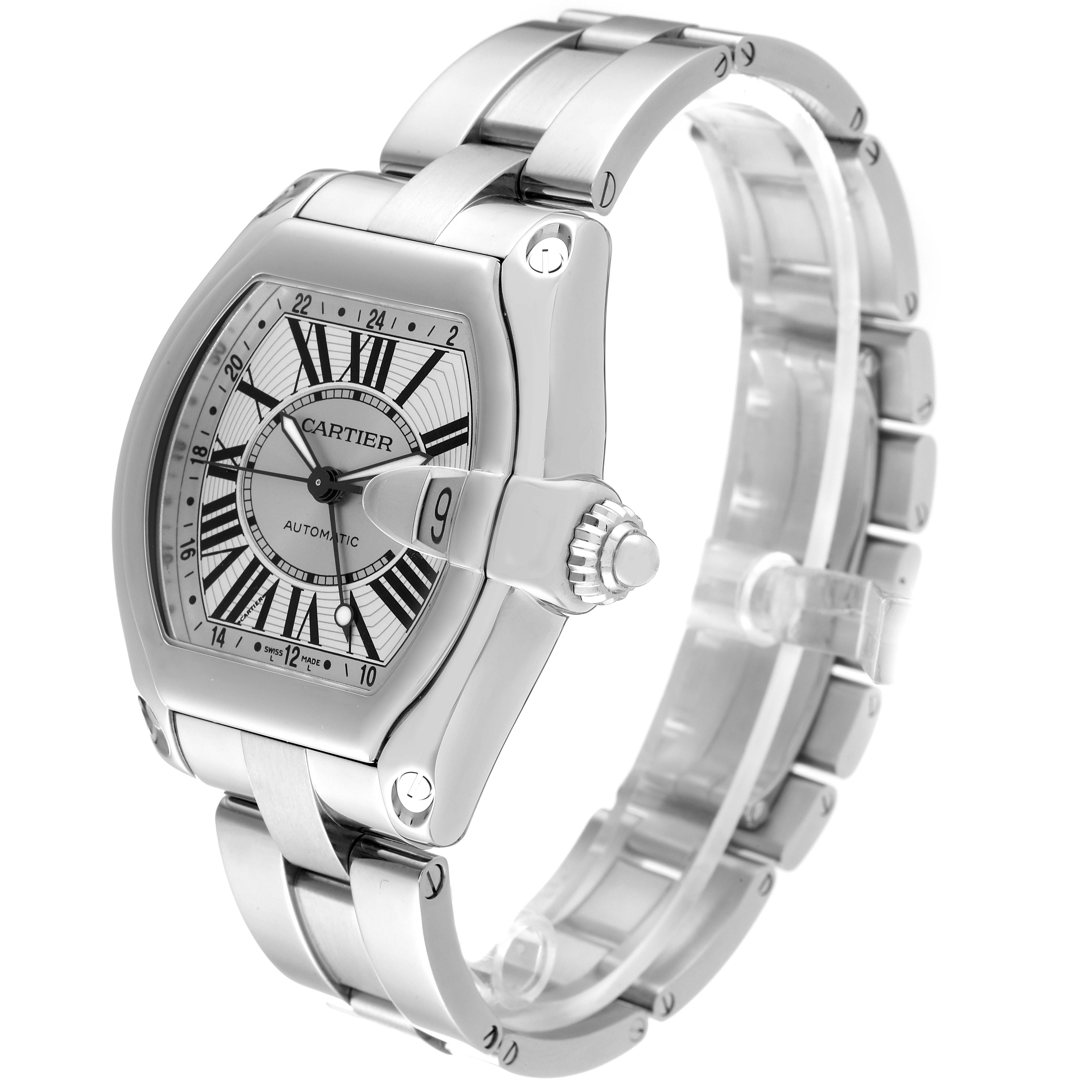 The image shows a Cartier Roadster W62032X6 Men's Stainless Steel Silver Dial W62032X6 Men's Stainless Steel Silver Dial watch at a 3/4 angle, highlighting its face, bezel, crown, and metal bracelet.